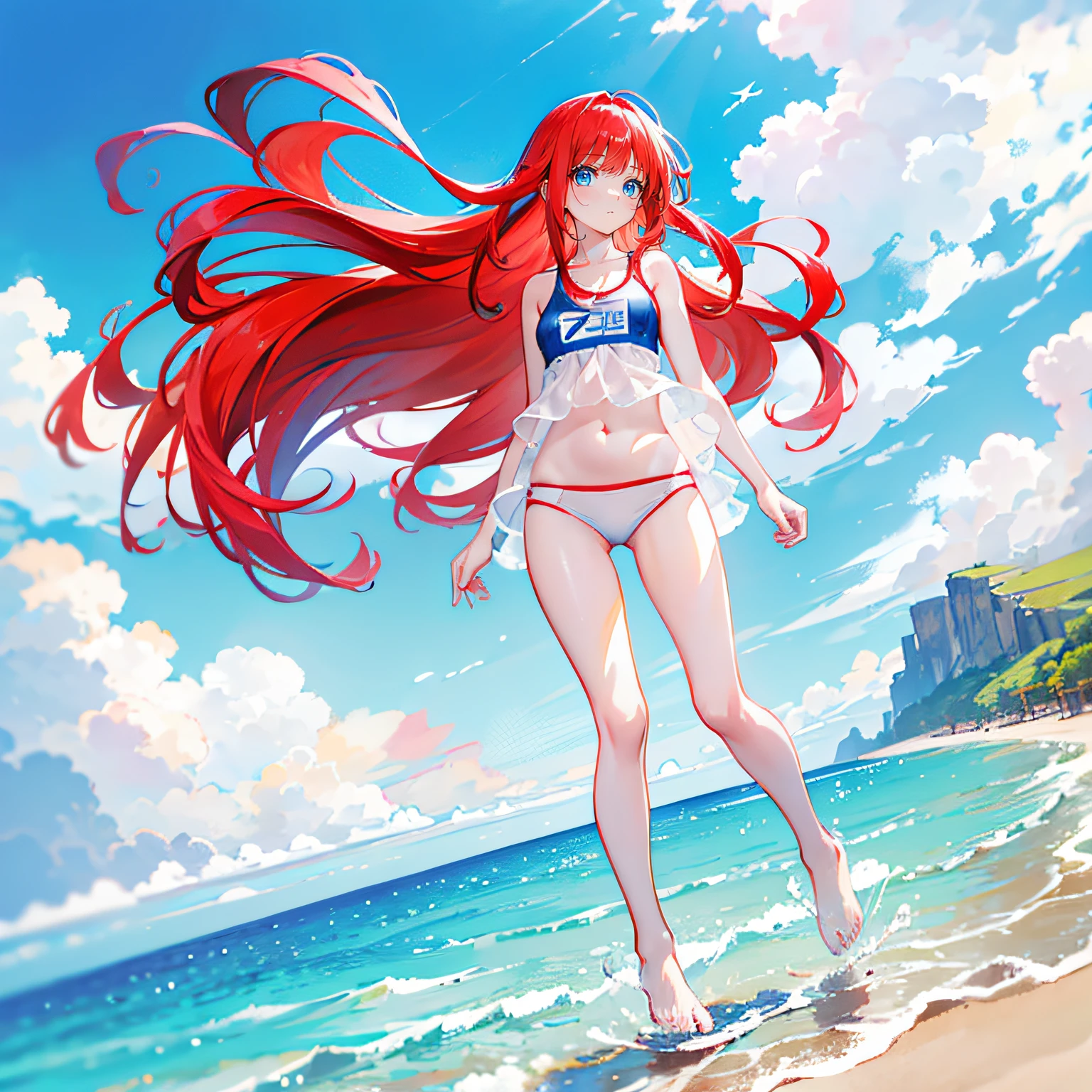 Zong's red hair,long whitr hair,Neat bangs,Qi bangs,Lake blue eyes,adolable,s girl,swim wears,full-body photo on the front,All body,Fingers and arms are not exposed,Background sandy beach,with blue sky and white clouds
