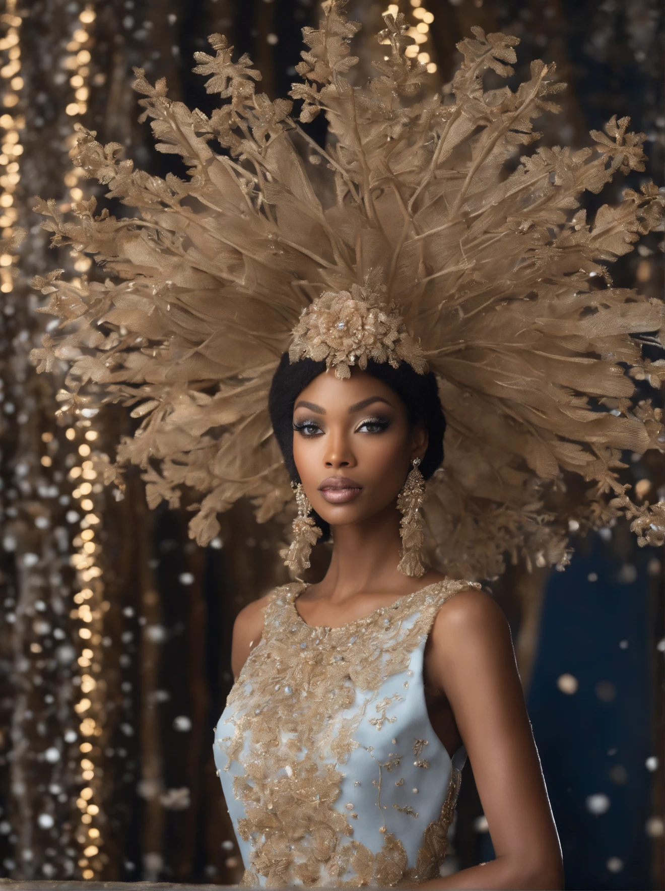 In this (masterpiece, photorealistic:1.4), runway fashion photograph, witness the mesmerizing allure of the (Goddess African Queen), as she graces the stage with her (Nigerian aura:1.2), and regal presence. She wears a (cyan African dress with gold embellishments:1.2) that beautifully accentuates her figure, featuring a (high thigh slit:1.2) that adds a touch of allure. She is extremely beautiful with the most amazing smile, (perfect eyes:1.2), (perfect body:1.1), The full-body photography (IMAX quality:1.3), captures her in all her glory, with (sharp details:1.2), highlighting the intricate craftsmanship of her attire. Her (detailed face:1.2), showcases her natural beauty, radiating confidence and elegance. Rest assured, there are no extra fingers in this finely crafted image. The scene is (zoomed out:1.1), to encompass the grandeur of the moment, with a (fur cape:1.1), cascading behind her, adorned with a tiger head texture. Her (braided hair:1.1), adds an authentic touch to her African-inspired look. As she strides with grace, the (full audience:1.1), watches in awe, surrounded by (wave art:1.1), that creates a surreal and enchanting atmosphere. She holds an (African Staff:1.1), in her hand, symbolizing her power and authority. Her attire is further complemented by exquisite (Egyptian jewelry:1.1), that enhances her regal appearance. The photograph is taken with a (35mm film camera:1.1), capturing the richness of the moment with (bokeh:1.1) that adds a touch of magic. This (professional, highly detailed:1.1), image transcends reality, transporting the viewer to a (dreamlike:1.1) and enchanting realm, celebrating the beauty of African culture and fashion on the runway, (realistic, photo-realistic:1.37).