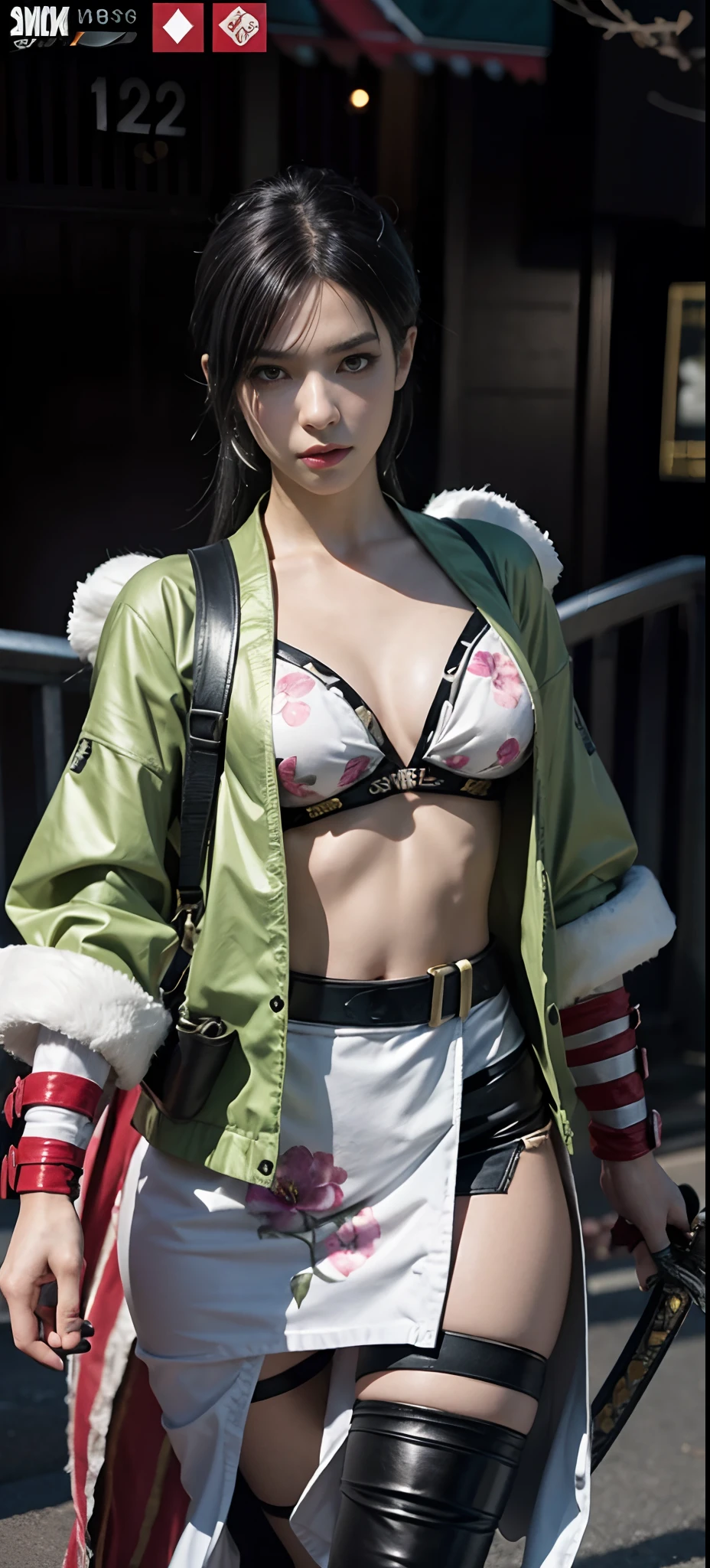 a close up of a person in a costume with a sword, as a character in tekken, female character, tifa lockhart with white hair, katana zero video game character, lunar themed attire, kda, slim body, cyborg - girl with silver hair, upper body avatar, (( medium breast;1.2)), fashion gameplay screenshot, fighting game character, new character, floralpunk elysian maiden, sigma female