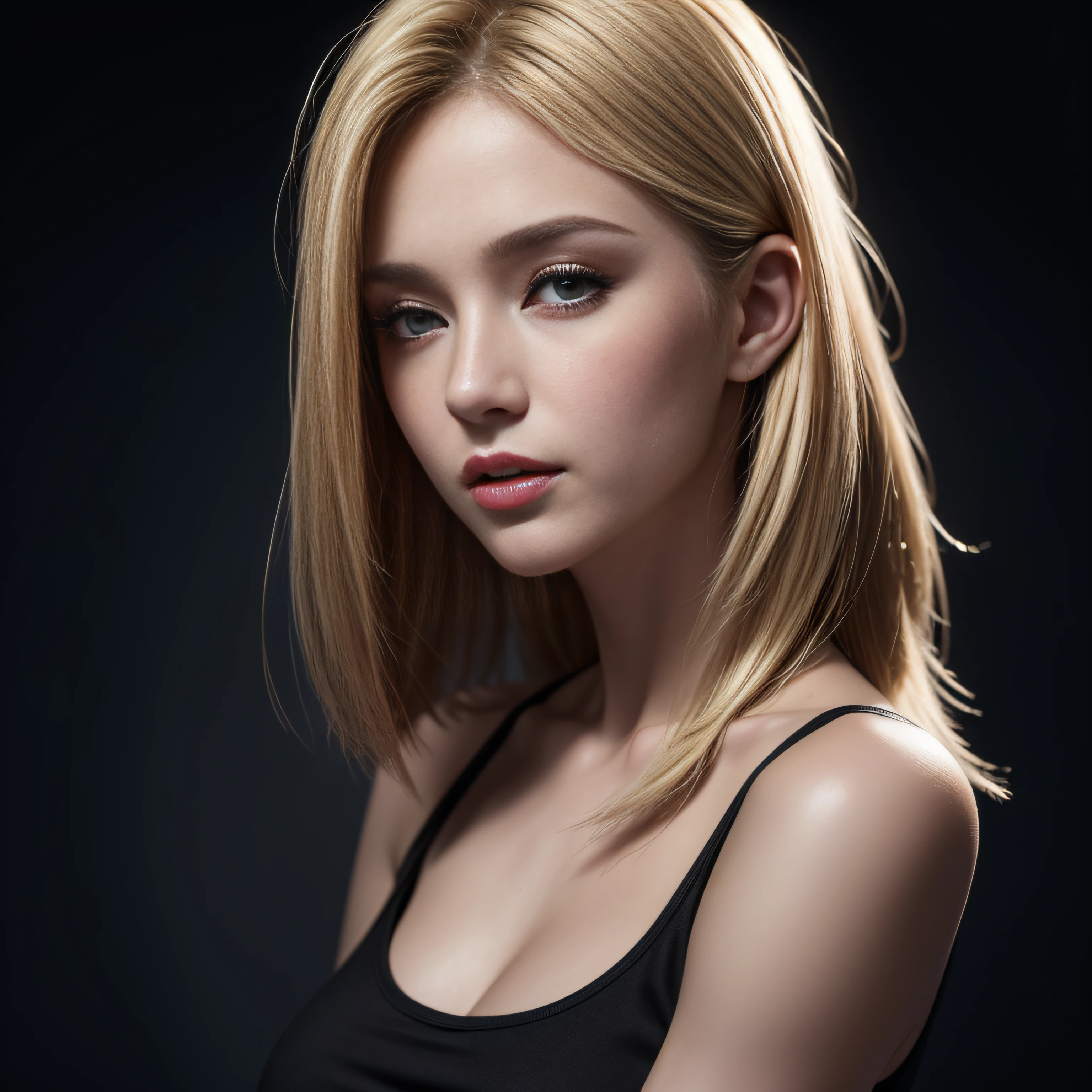 ((Best Quality, 8K, Masterpiece: 1.3)), Full Body, Focus Clear: 1.2, Outstanding Beauty: 1.4, Slender Abs: 1.2, ((Blonde, Big: 1.2)), Black Tank Top, Highly Detailed Face and Skin Texture, Detailed Eyes, Double Eyelids