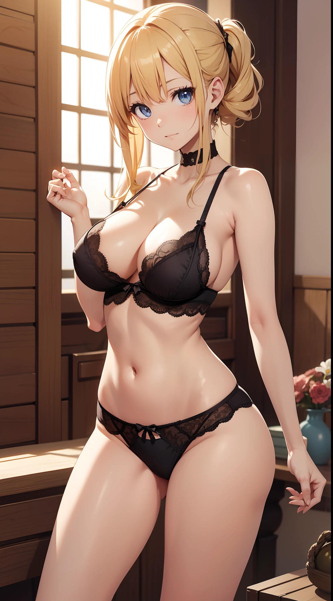 masutepiece、hight resolution、1girl in、in one's  only、Golden lingerie、large full breasts、bending forward、Poses that emphasize breasts、Cute anime illustration、
