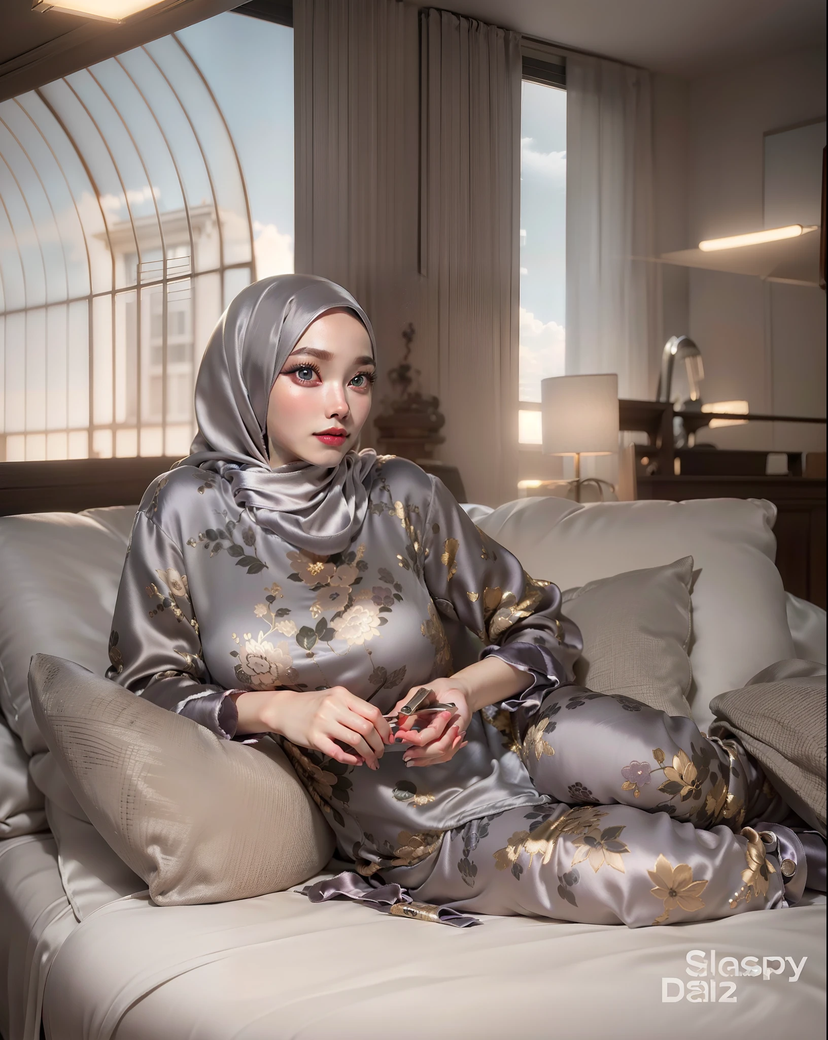 3DMM, ((Masterpiece, best quality, photography, detailed skin, realistic, photo-realistic, 8k, highly detailed, full length frame, High detail RAW color art, diffused soft lighting, shallow depth of field, sharp focus, hyperrealism, cinematic lighting, hijab, a woman in a beautifully makeup, smokey eyeshadow, beautiful big eyes, long eye lashes, wearing (Gray satin hijab), loosely tide hijab style, ((Taupe satin pyjamas)),