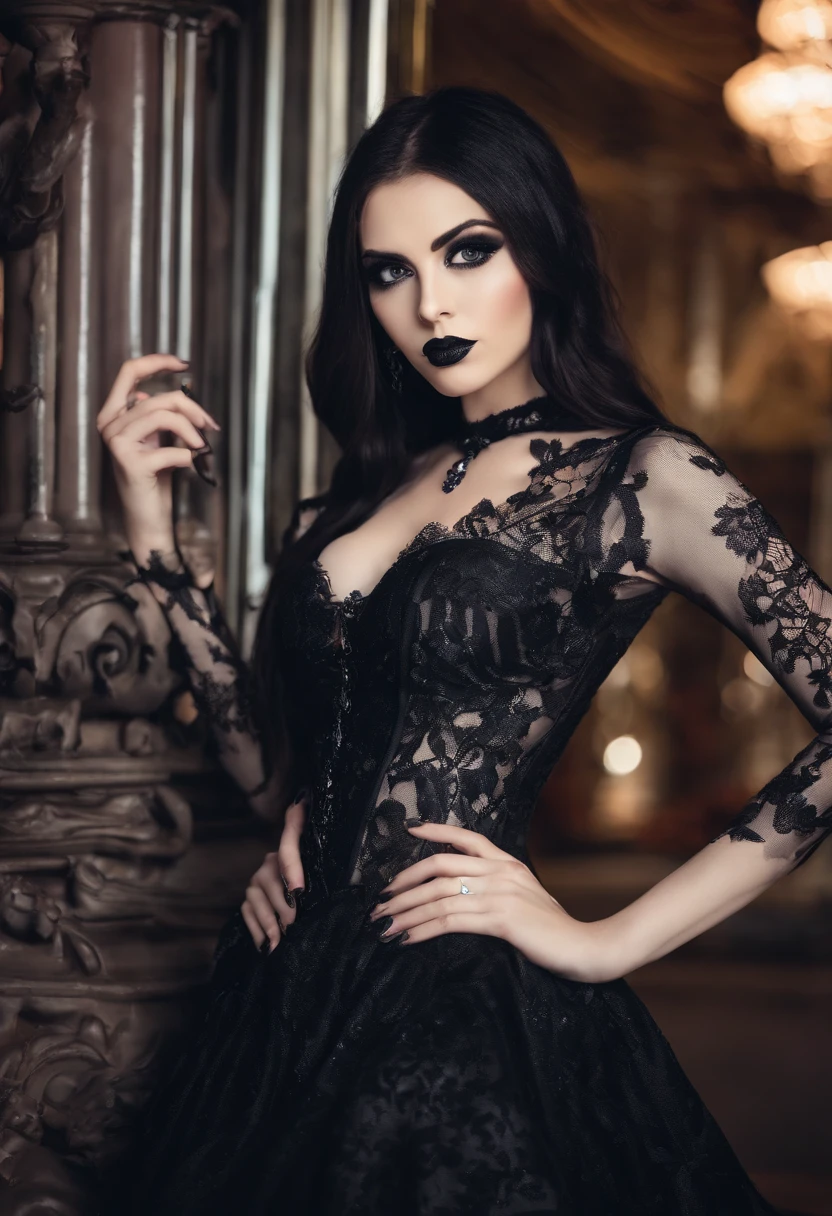 A European woman in a black latex dress poses for a photo, indoor, In front of the Eiffel Tower, Night, Flowers, Smile, Mix Vietnamese, Background blur, Focus, Professional photography, dynamic angle shot, filmgrain, Bokeh, Ray tracing, Dynamic lighting, Tilt the camera, From the front shot, Lens flare,
(((Masterpiece))), ((Best quality)), NSFW, ((intricately details)), ((Realistic)), (50mm Sigma f/1.4 ZEISS lens, F1.4, 1/800s, ISO 100, photography of:1.1), Perspective, Highly detailed, illustration, 2 girls, Big breasts, Beautiful detailed eyes, Long hair, Bang, Brown hair, Brown eyes, Black choker, Earrings, Detailed background, Perfect eyes, Seductive eyes, looking at viewert, from the front side, Gothic makeup, (No tattoos), goth girl aesthetic, goth aesthetic, goth makeup, goth vibe, gothic horror vibes, Dark Gothic Queen, gothgirl, Gothic makeup, dark hair and makeup, Gothic aesthetics, very beautiful goth top model, Gothic eyeliner, goth aesthetic, goth woman, dark make-up,