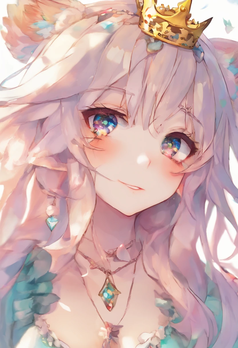 wince, solid round eyes, fake animal ears, slight smile, ear blush, fang, white colored hair, hair bell, bead necklace, earphones, crown, hair ribbon, hair clip, hairpin, raised eyebrows, heart-shaped pupils, mole under the eyes, colorful eyes, mismatched pupils, Mismatched sclera, makeup, Smile, slight smile, tongue, surrealism, ombre, anaglyph, stereogram, tachi-e, ass pov, atmospheric perspective, lens flare, wide-angle, Macro photo, 8K, super detaill, ccurate, Best Quality, UHD, Masterpiece, ccurate, Textured skin, hight resolution, hiquality --auto