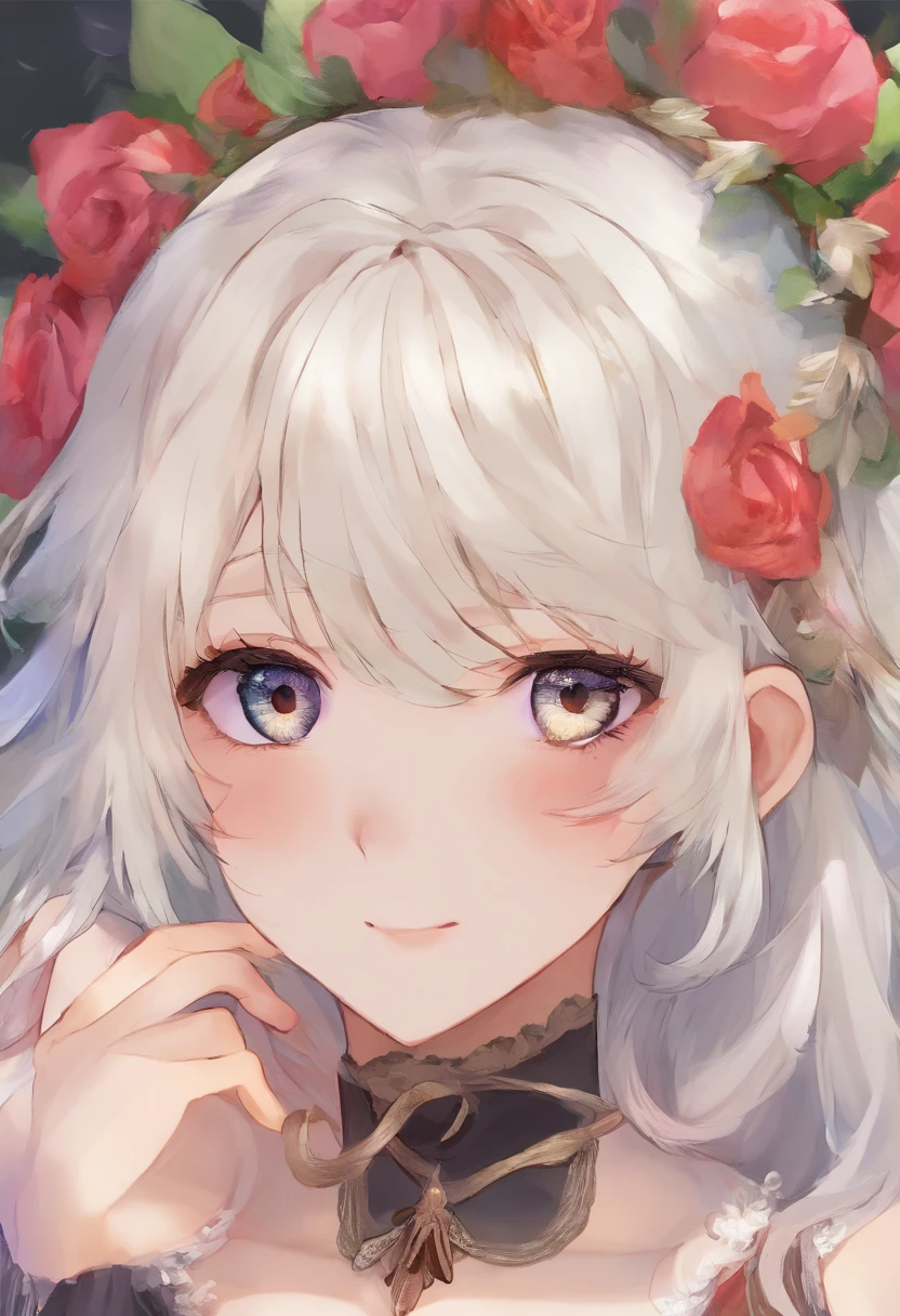 wince, solid round eyes, fake animal ears, slight smile, ear blush, fang, white colored hair, hair bell, bead necklace, earphones, crown, hair ribbon, hair clip, hairpin, raised eyebrows, heart-shaped pupils, mole under the eyes, colorful eyes, mismatched pupils, Mismatched sclera, makeup, Smile, slight smile, tongue, surrealism, ombre, anaglyph, stereogram, tachi-e, ass pov, atmospheric perspective, lens flare, wide-angle, Macro photo, 8K, super detaill, ccurate, Best Quality, UHD, Masterpiece, ccurate, Textured skin, hight resolution, hiquality --auto