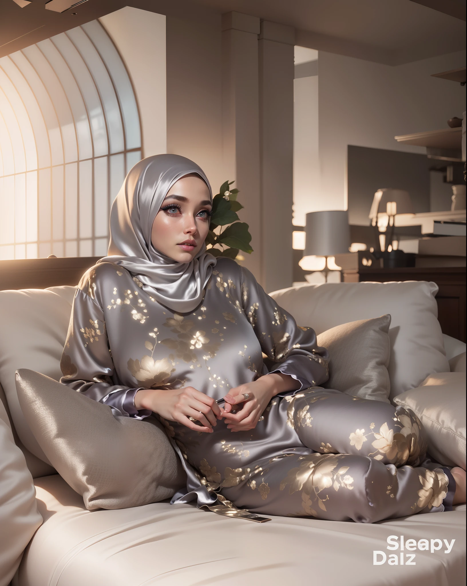 3DMM, ((Masterpiece, best quality, photography, detailed skin, realistic, photo-realistic, 8k, highly detailed, full length frame, High detail RAW color art, diffused soft lighting, shallow depth of field, sharp focus, hyperrealism, cinematic lighting, hijab, a woman in a beautifully makeup, smokey eyeshadow, beautiful big eyes, long eye lashes, wearing (Gray satin hijab), loosely tide hijab style, ((Taupe satin pyjamas)),