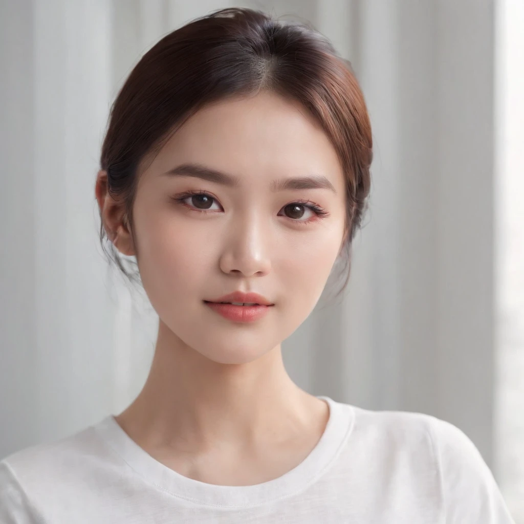 (Photo: 1.3) af (realistic: 1.3), East Asian woman, soft light, clear face, (front), ((white T-shirt)), cheerful, warm light, ((gray-white gradient background)), (background)) ,avatar,(short hair),beautiful,young,,short hair,((avatar))