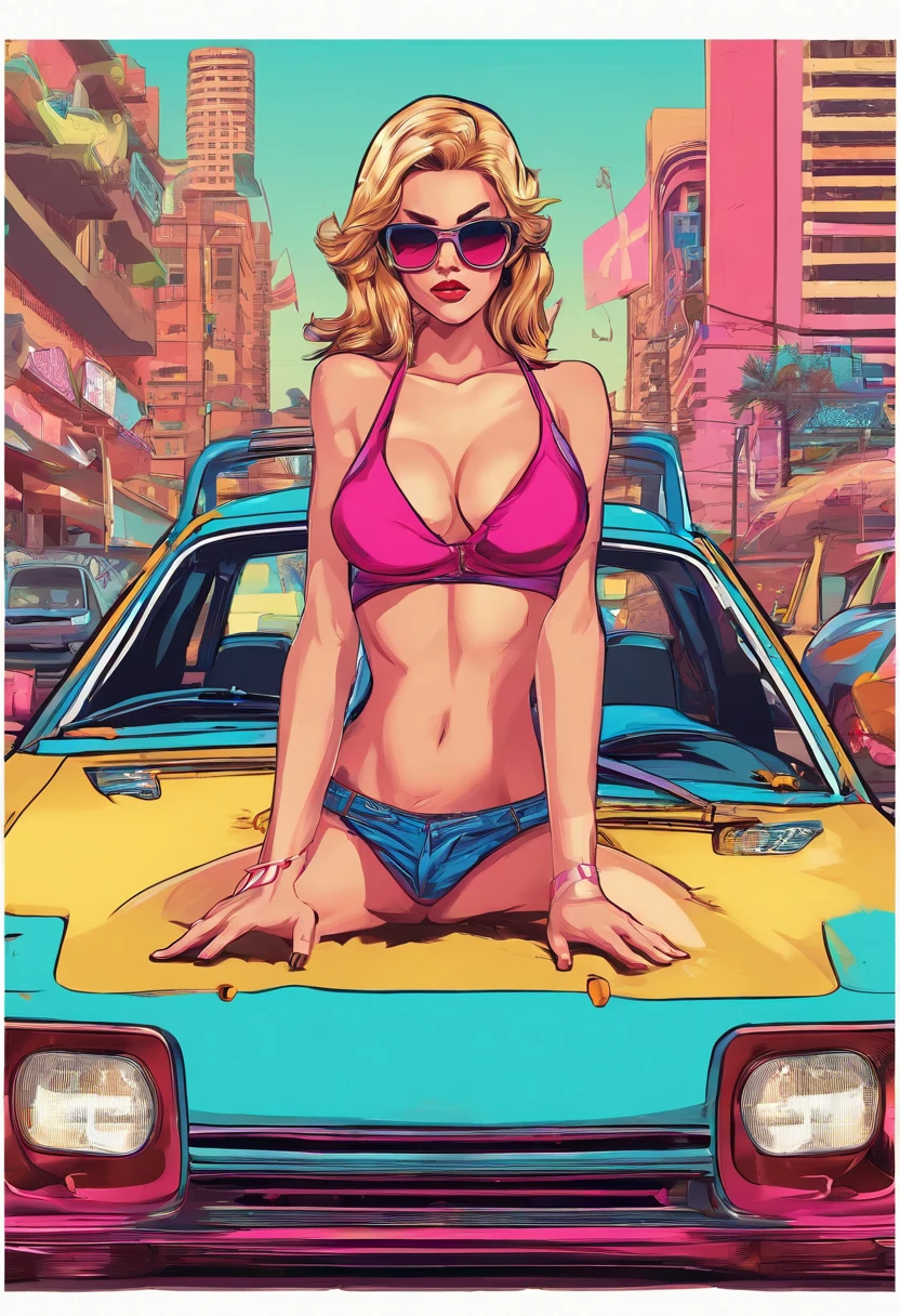 Une fille sexy sur le capot d'une voiture de sport
