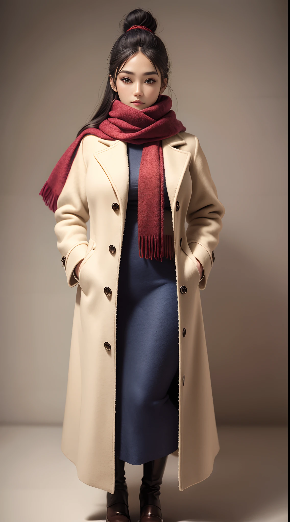 The world of wool felt,wool knitted fabric,Beautiful model posed in wool felt scarf,coat large,Slim and tall