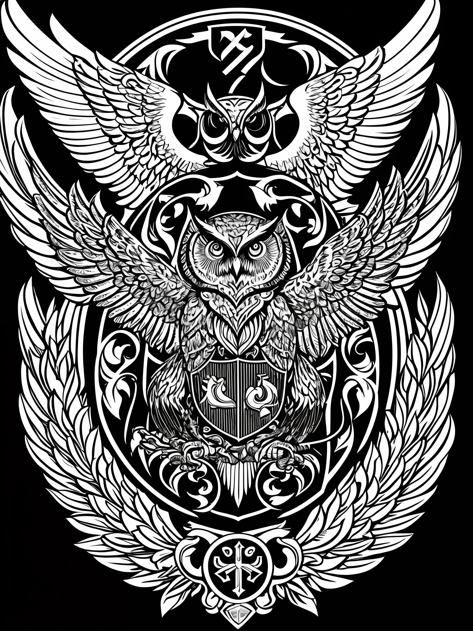 Owl with wings and shield isolated on black background, Vector art inspired by Cedric Sheet (Keos Masons), cgsociety, Digital Art, With owl emblem, Owl Logo, Engraved vector image, emblem of wisdom, imperial symbol, album, shoulder patch design, Majestic symmetrical earthworm wings, Royal insignia on the background, high quality scan, hali々and clothes