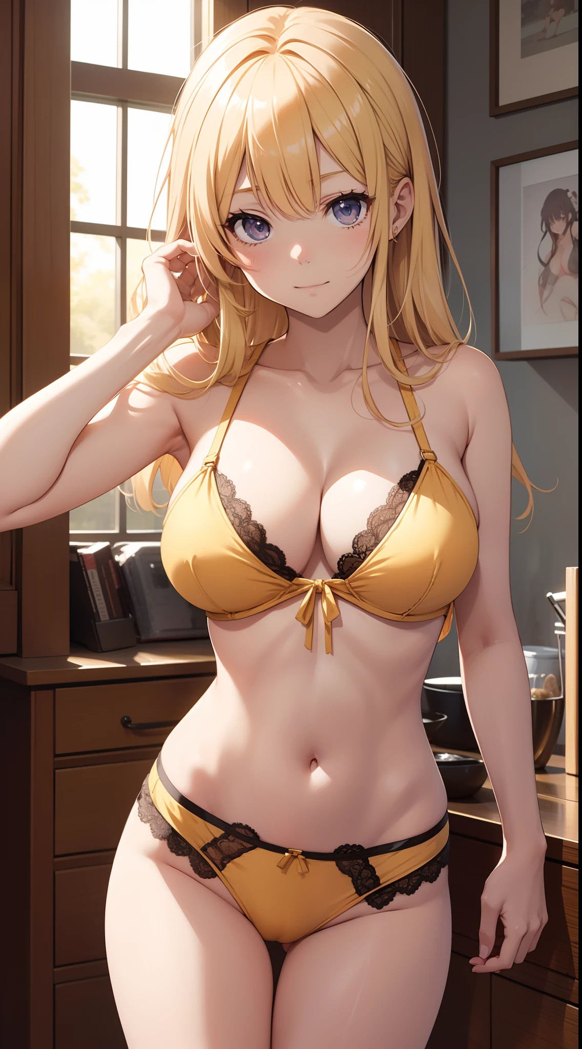 masutepiece、hight resolution、1girl in、in one's underwear only、Golden lingerie、large full breasts、bending forward、Poses that emphasize breasts、Cute anime illustration、