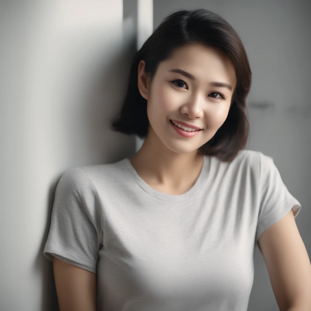 (Photo: 1.3) af (realistic: 1.3), East Asian woman, soft light, clear face, (front), ((white T-shirt)), cheerful, warm light, ((gray-white gradient background)), (background)) ,avatar,(short hair),beautiful,young,,short hair,((aupper body))