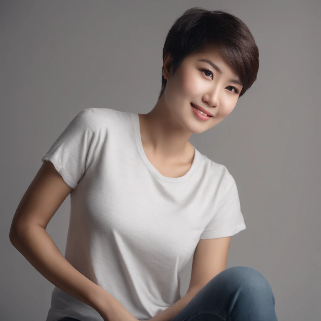 (Photo: 1.3) af (realistic: 1.3), East Asian woman, soft light, clear face, (front), ((white T-shirt)), cheerful, warm light, ((gray-white gradient background)), (background)) ,avatar,(short hair),beautiful,young,,short hair,((aupper body))
