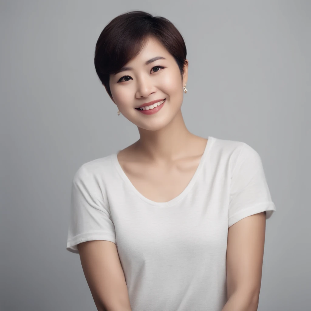 (Photo: 1.3) af (realistic: 1.3), East Asian woman, soft light, clear face, (front), ((white T-shirt)), cheerful, warm light, ((gray-white gradient background)), (background)) ,avatar,(short hair),beautiful,young,,short hair,((aupper body))
