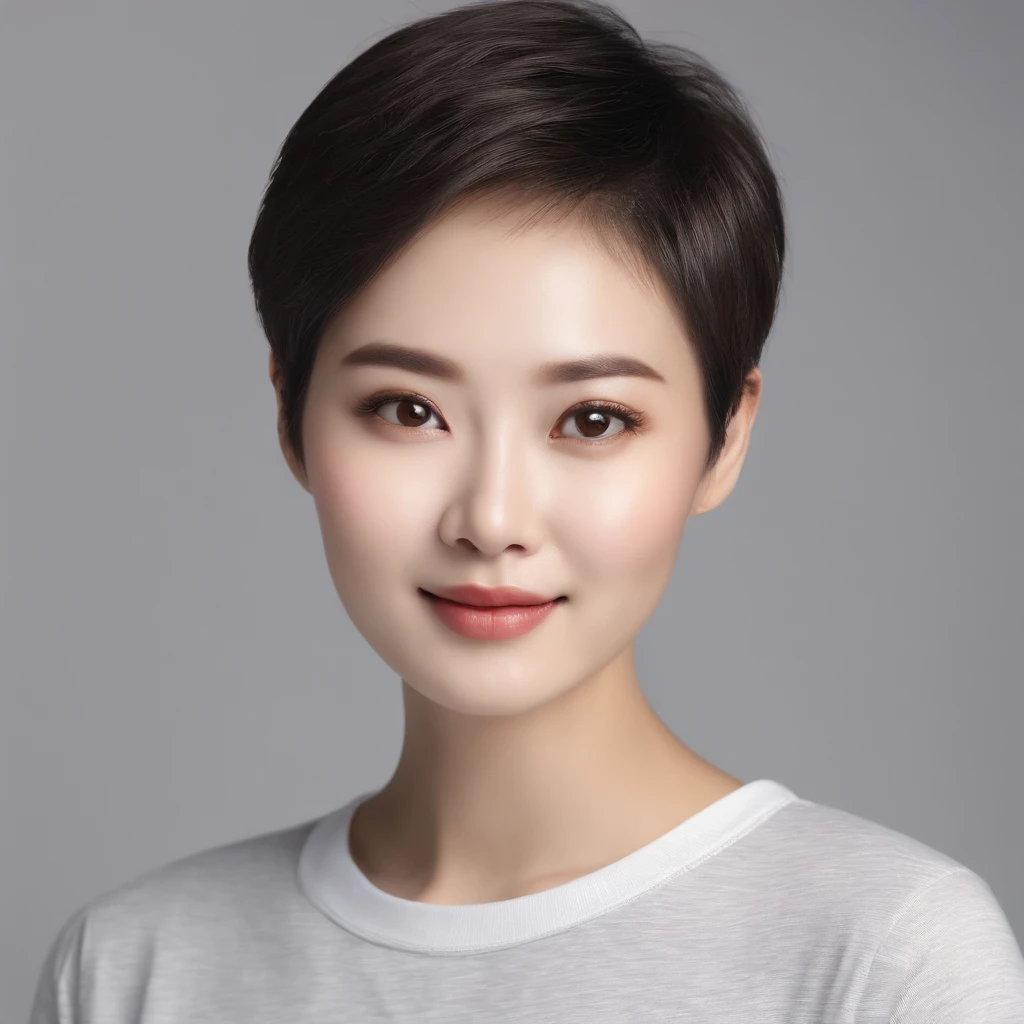 (Photo: 1.3) af (realistic: 1.3), East Asian woman, soft light, clear face, (front), ((white T-shirt)), cheerful, warm light, ((gray-white gradient background)), (background)) ,avatar,(short hair),beautiful,young,,short hair,((avatar))