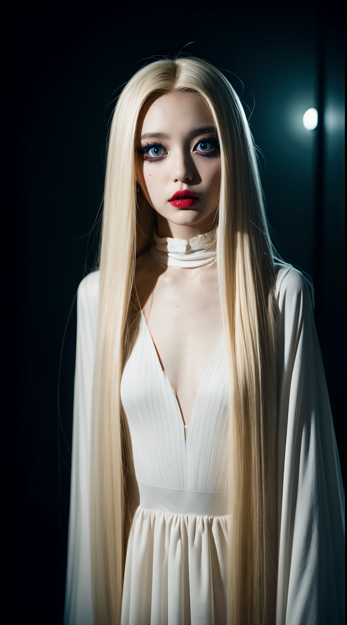 Girl in Halloween costume, blonde long hair, halloween dress, 90s, Striking a pose, natural make up, skinny girl, innocent, night in a grave