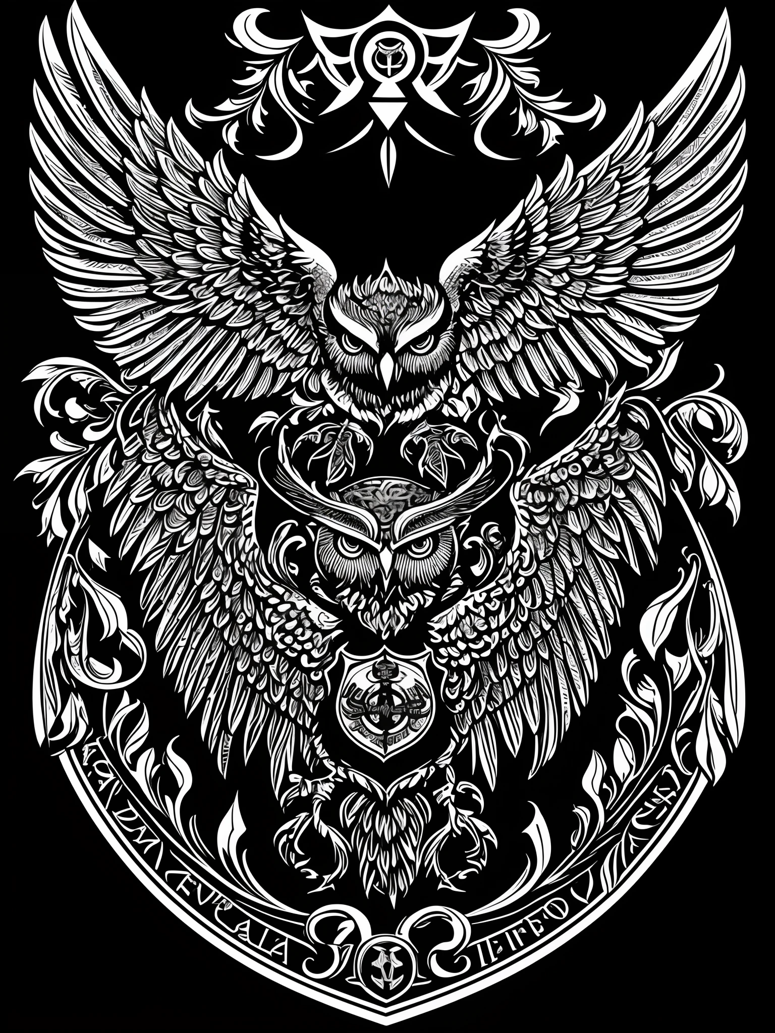 Owl with wings and shield isolated on black background, Vector art inspired by Cedric Sheet (Keos Masons), cgsociety, Digital Art, With owl emblem, Owl Logo, Engraved vector image, emblem of wisdom, imperial symbol, album, shoulder patch design, Majestic symmetrical earthworm wings, Royal insignia on the background, high quality scan, hali々and clothes
