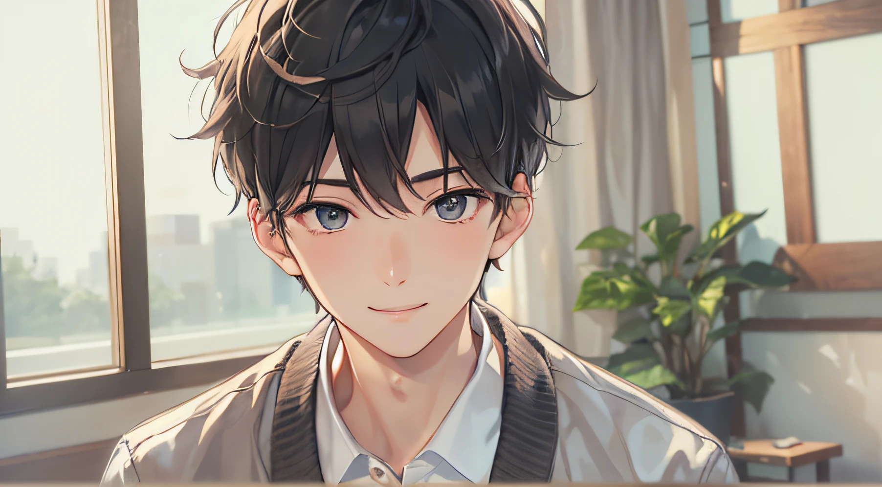 20 year old man with black short hair、A slight smil、Face Up、Alone、living room