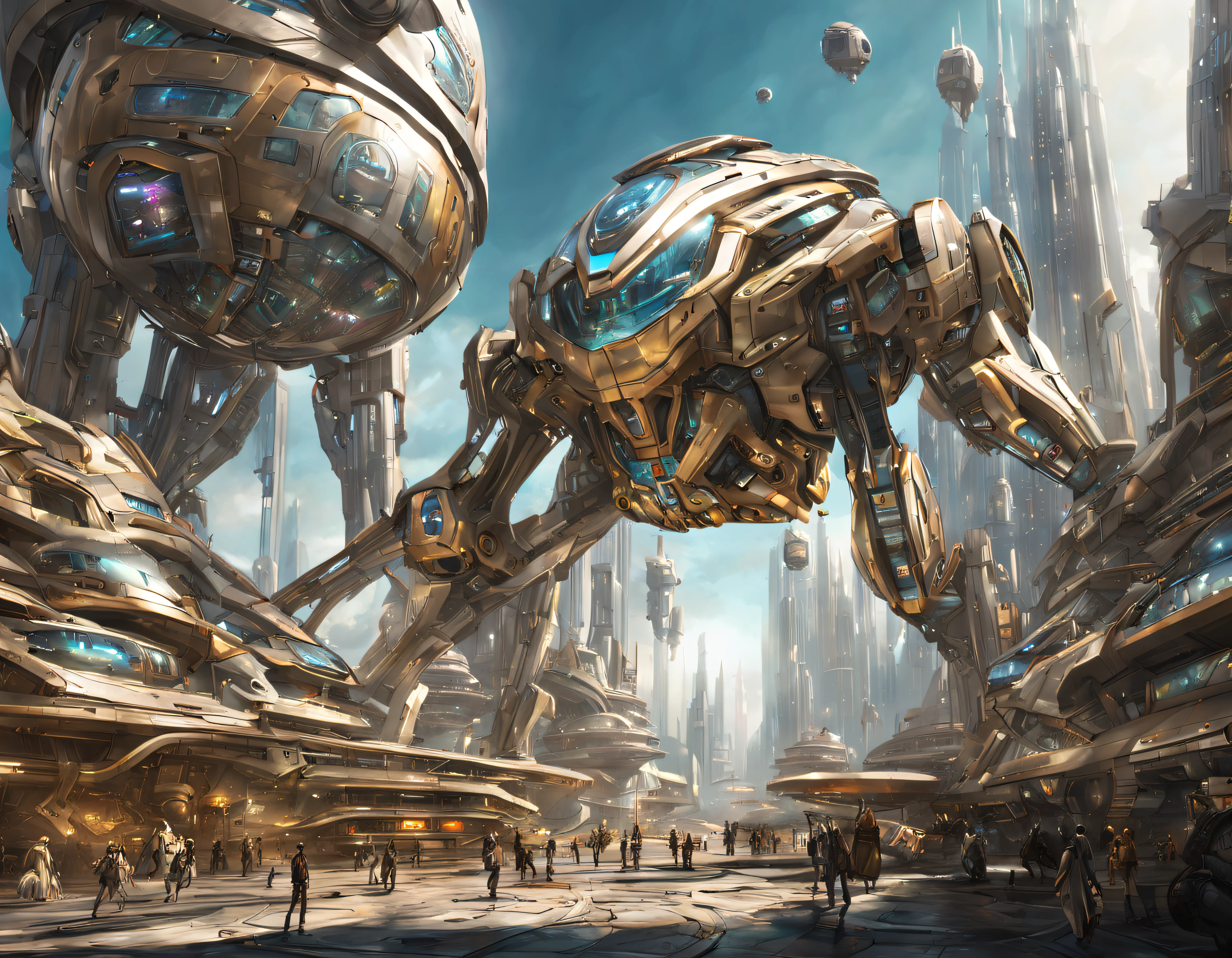 On an unknown planet there is a futuristic city with immense buildings of technological design, con estructuras acristaladas en plata, oro y bronce y maquinarias espectaculares en la que sobrevive un robot femenino espectacular. con colores vivos. pavimento ensolado.