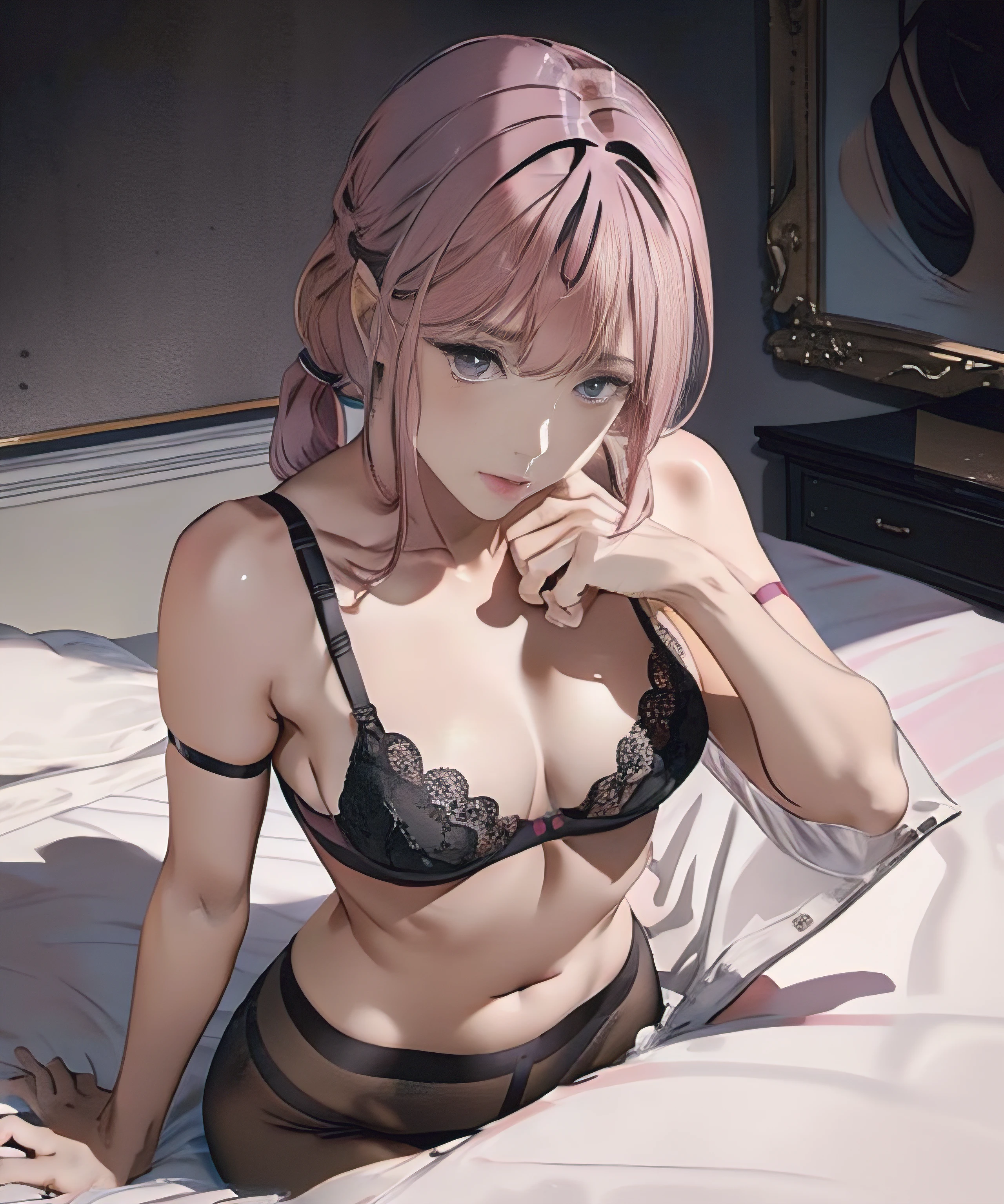 ultra realistic 8k cg, ((Full body shot, From above)), Picture-perfect face, Flawless, Clean, Masterpiece, Professional artwork, Famous artwork, Perfect face, Beautiful face, Beautiful eyes, ((Perfect female body)), ((Thin body, Flat abdomen, Slim body::1.2)), Large breasts, Solo,
,Skirt,,Blush,Seductive expression,Extremely detailed_Eyes,Room,((Pink hair)), pony tails,
beautifullydetailedbackground,Depth of field,,BDSM,skin indentation,full bodyesbian,shirt,
Pantyhose, (((Black lace sharp gray bra, Delicate black bra))), exposed bare shoulders, hands covering chest, sitting on the edge of the bed, Hotel room