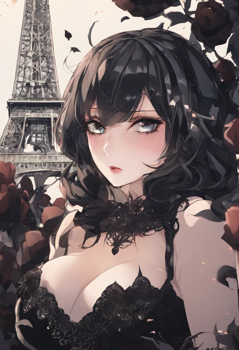 A European woman in a black latex dress poses for a photo, indoor, In front of the Eiffel Tower, Night, Flowers, Smile, Mix Vietnamese, Background blur, Focus, Professional photography, dynamic angle shot, filmgrain, Bokeh, Ray tracing, Dynamic lighting, Tilt the camera, From the front shot, Lens flare,
(((Masterpiece))), ((Best quality)), NSFW, ((intricately details)), ((Realistic)), (50mm Sigma f/1.4 ZEISS lens, F1.4, 1/800s, ISO 100, photography of:1.1), Perspective, Highly detailed, illustration, 2 girls, Big breasts, Beautiful detailed eyes, Long hair, Bang, Brown hair, Brown eyes, Black choker, Earrings, Detailed background, Perfect eyes, Seductive eyes, looking at viewert, from the front side, Gothic makeup, (No tattoos), goth girl aesthetic, goth aesthetic, goth makeup, goth vibe, gothic horror vibes, Dark Gothic Queen, gothgirl, Gothic makeup, dark hair and makeup, Gothic aesthetics, very beautiful goth top model, Gothic eyeliner, goth aesthetic, goth woman, dark make-up,