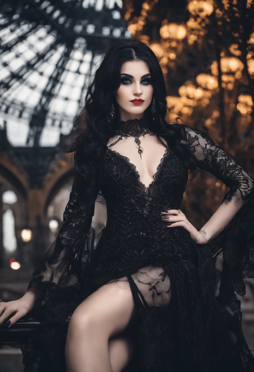 RAW photograph, photorealistic pic of a 21 yo woman, golden skin, dark purple hair, long hair, scattered, hair blown up by the wind, dark eyes, perfect face, highly detailed facial features, deep eyes, smile, transparent crop top, iridescent blue feather skirt, fishnet stockings, sliver heels, high-grade lighting, exquisite picture, exquisite eyes, best shadow, best picture quality, best light, cinematic, bokeh background, rich details, atmosphere, high resolution, masterpiece, erotic pose, gothic