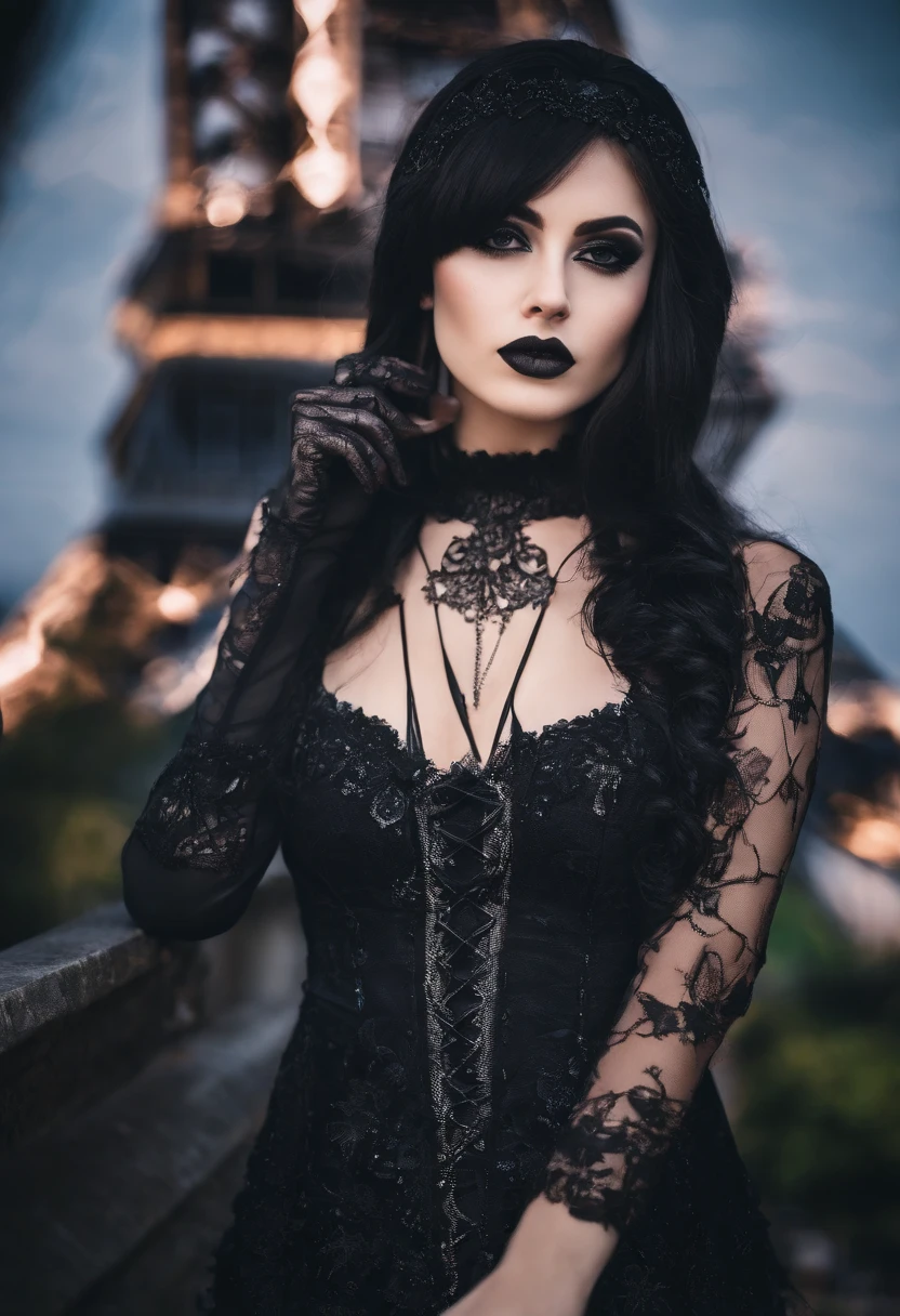 Create an image of the most stunningly gorgeous beautiful perfect sexy woman, stunningly beautiful face, large clevage, large  , perfect ass , full person view , long black tight edgGD lace goth dress, spider webs,
