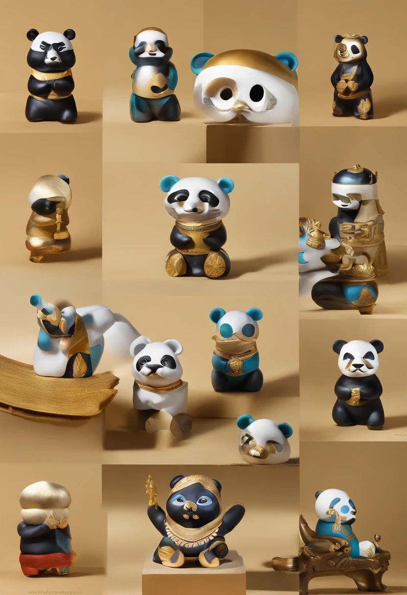 Panda, cute panda, panda trendy play, cultural relics, Sanxingdui, Chinese unearthed Sanxingdui cultural relics, bronze masks, gold masks, anthropomorphic pandas, cultural and creative, trendy art, combination of panda and Sanxingdui cultural relics, trendy ip