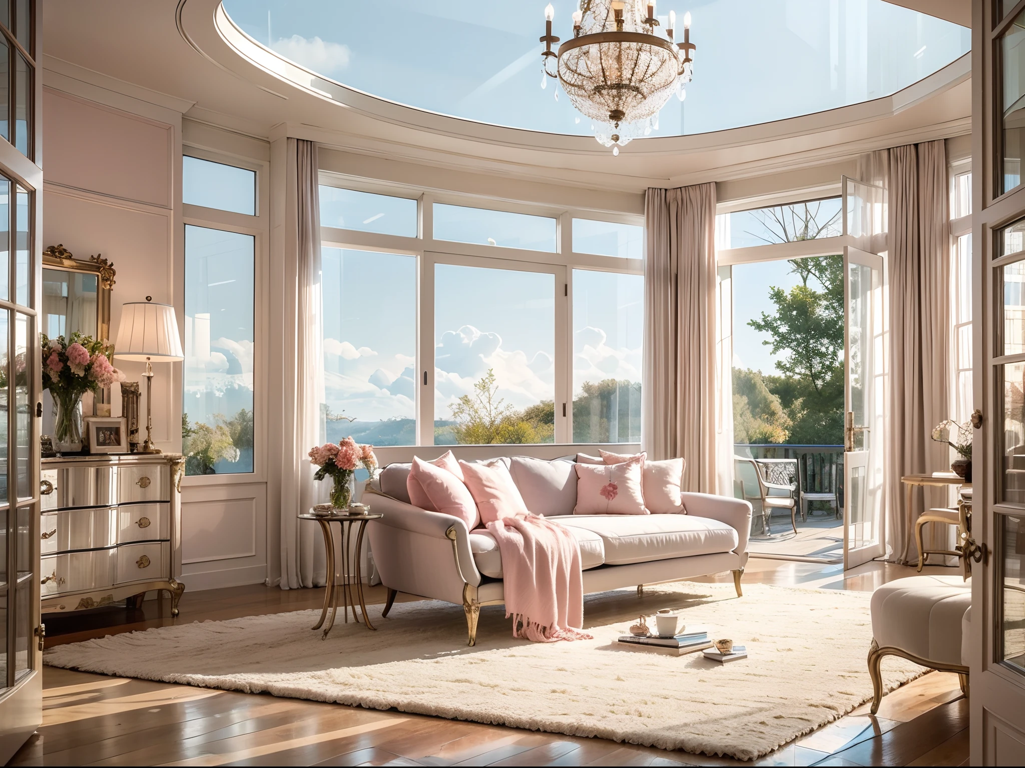 (best quality,realistic),charming bedroom,dreamy environment,serene atmosphere,
crystal chandelier resembling the colorful clouds in the sea, hanging from the blush pink ceiling,
soft and cozy wool blanket covering the sofa bed, fluffy like clouds,
360-degree panoramic view through the floor-to-ceiling windows,
secluded and peaceful, disconnecting from the outside world,
captivating colors and textures, alluring you as you enter the room.