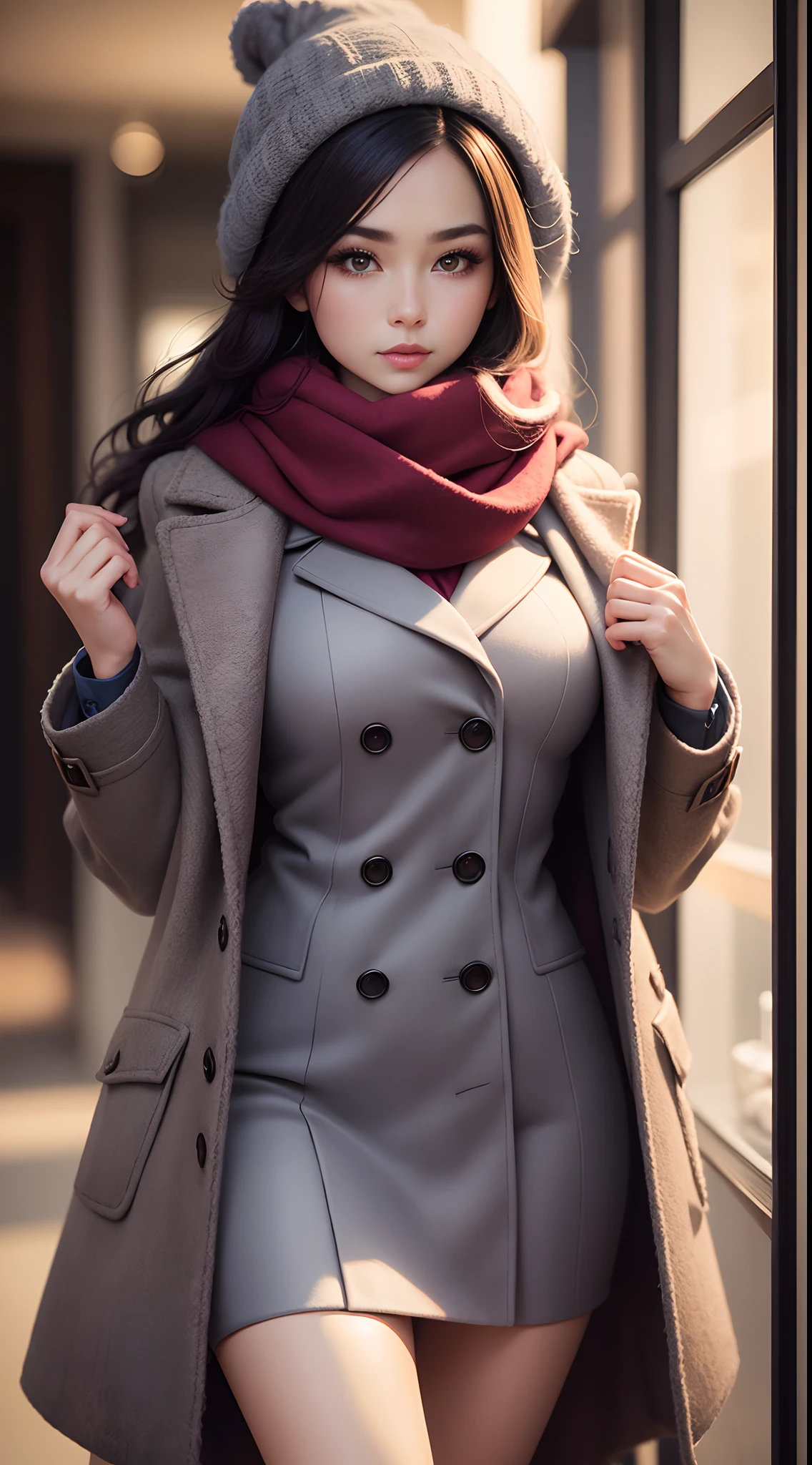 The world of wool felt,wool knitted fabric,Beautiful model posed in wool felt scarf,coat large,Slim and tall