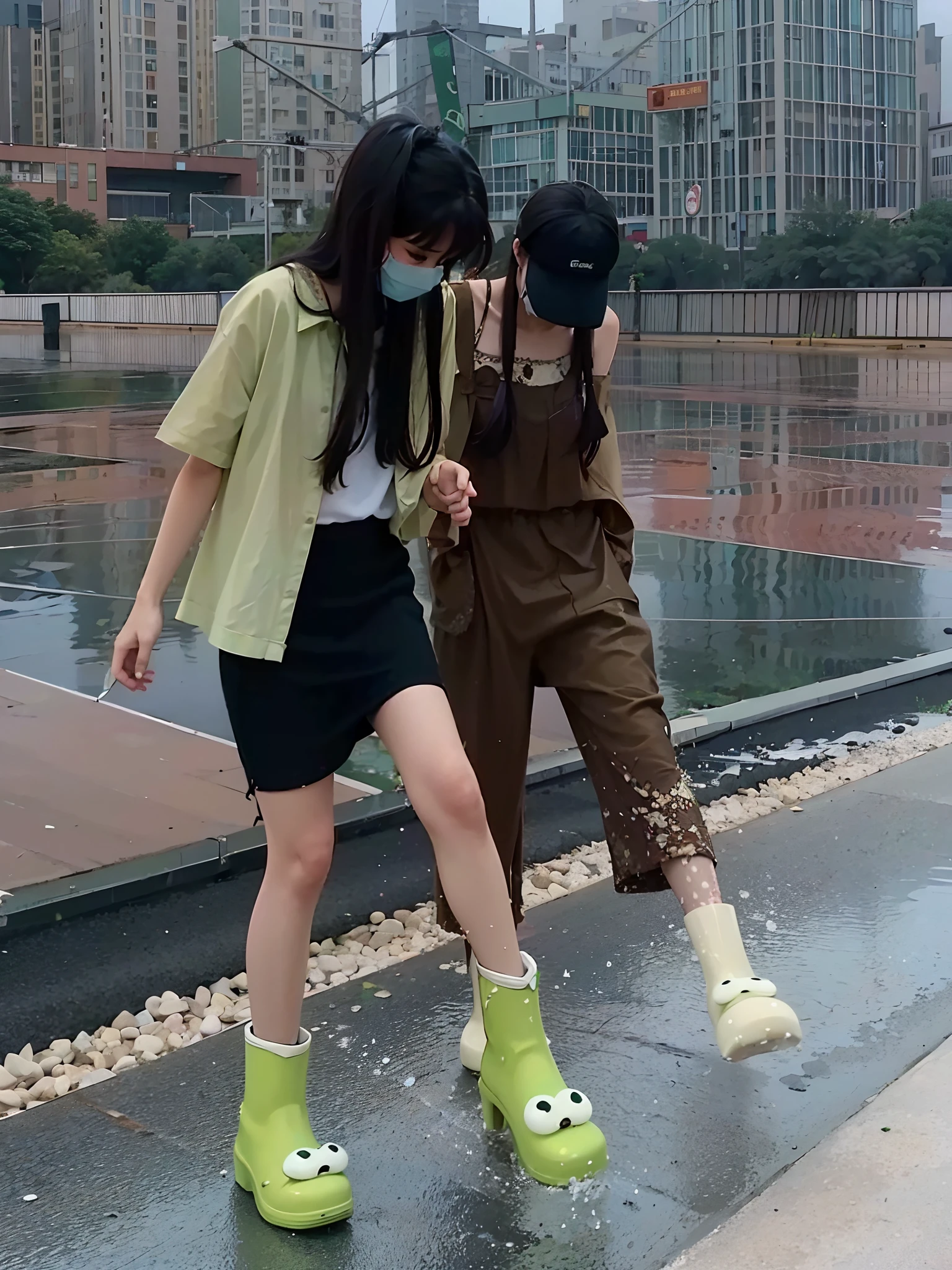 Two people wore green rain boots and masks, highly fashionable, Dress in green and brown, clothes from the future, 2049, Rain aesthetics