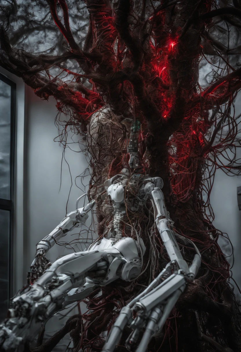 Hyper realistic photo, White female robot Goddess Gaia (((attached to a electronic tree of life))), (((Red neon highlights))), Electronic Systems On-Head Humanoids, Detailed connection wire, mechanical limbs, tubes connected to the mechanical parts, mechanical vertebrae attached to the spine, mechanical cervical attachment to the neck, wires and cables connecting to the head, (((Led on a surgical Bed))), (((Cables Connecting to Monitors))) | Biopunk