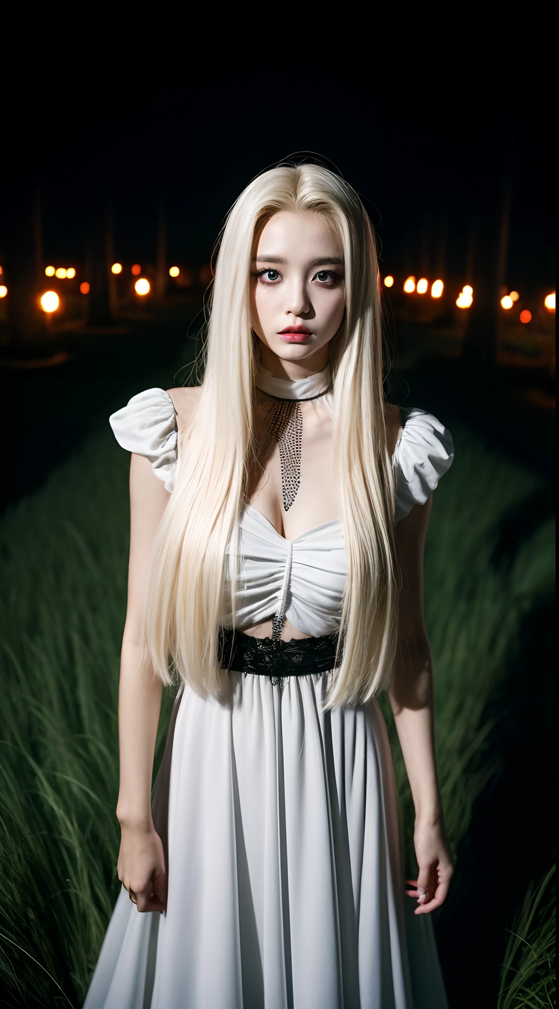 Girl in Halloween costume, blonde long hair, halloween dress, 90s, Striking a pose, natural make up, skinny girl, innocent, night in a grave