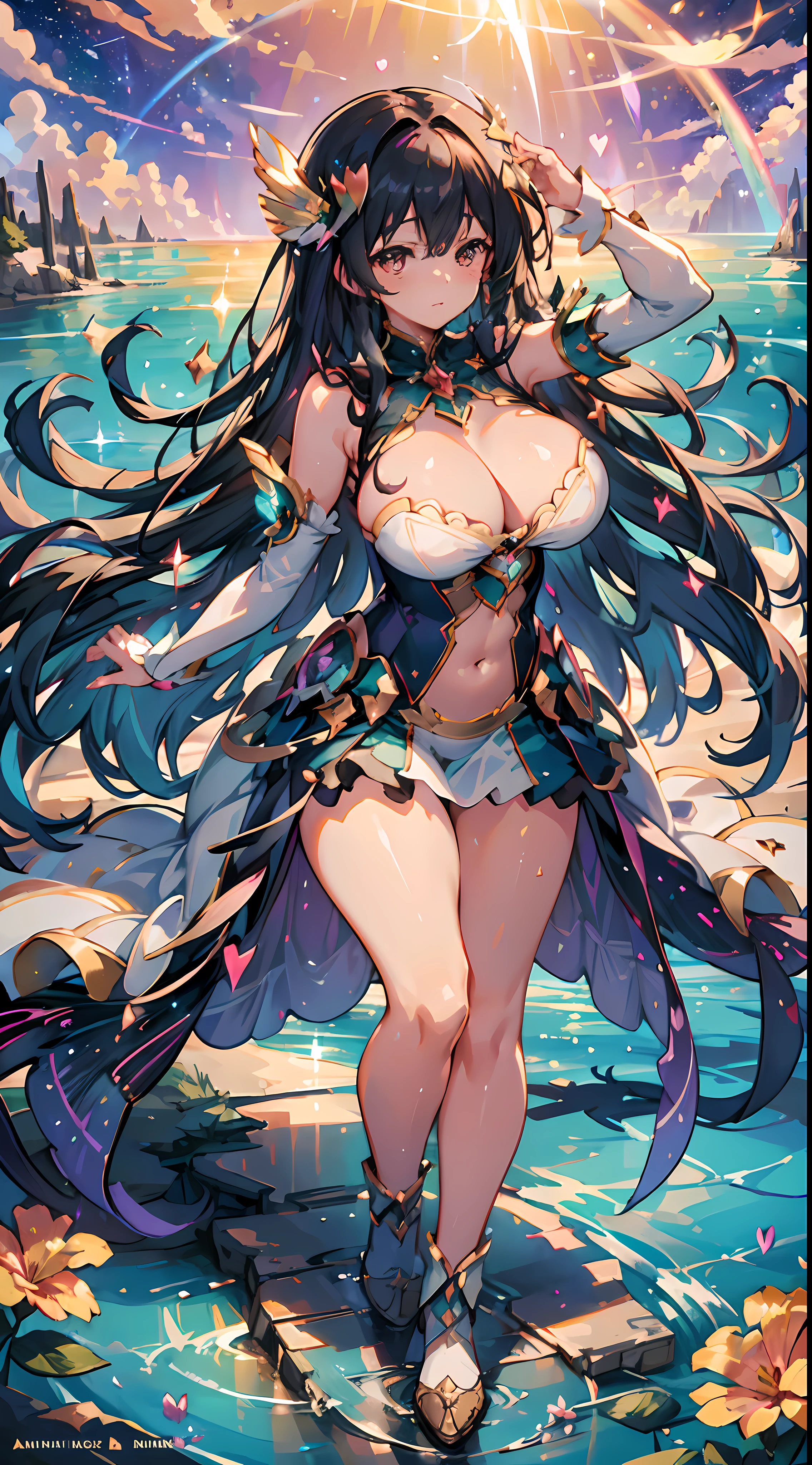 extremely delicate and beautiful,(fantasy),ultra detailed,(extreme detailed illustration),(extremely detailed CG unity 8k wallpaper),highres,perfect lighting,
Beautiful sunset sea,calm waves,shining waves,((big rainbow)),colorful,a girl standing on the beach,beautiful features,shining eyes,long black hair,swaying in the wind,dancing like dancing,
framed in a dreamlike fullbody shot.,seraph effects,shining effects,rtx,bloom,starry sky,wide shot,
scenery,outdoor,expansive,extremely detailed wallpaper,glowing,light rays,caustics,wide shot,Tindall effect,fairy tale world,dream,landscape,magical,8k,wallpaper,fantasy,
Original Character,heart,full body,Exquisite background,Colorful Theme,(lighting particle),original