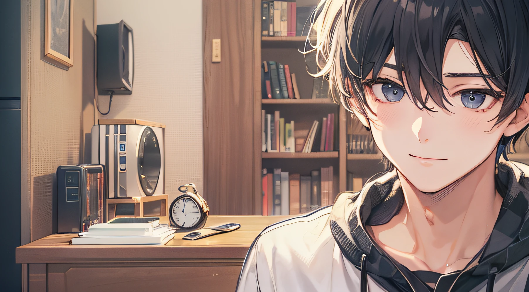20-year-old man with short black hair、A slight smil、Face up、Alone、livingroom