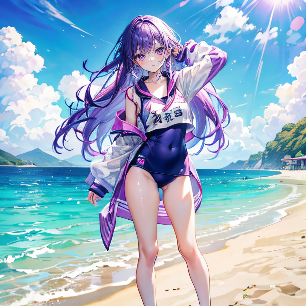 Purple colored hair,long whitr hair,Purple eyes,Twist braids,adolable,s girl,swimming uniform,swim wears,full-body photo on the front,All body,Fingers and arms are not exposed,Background sandy beach,with blue sky and white clouds