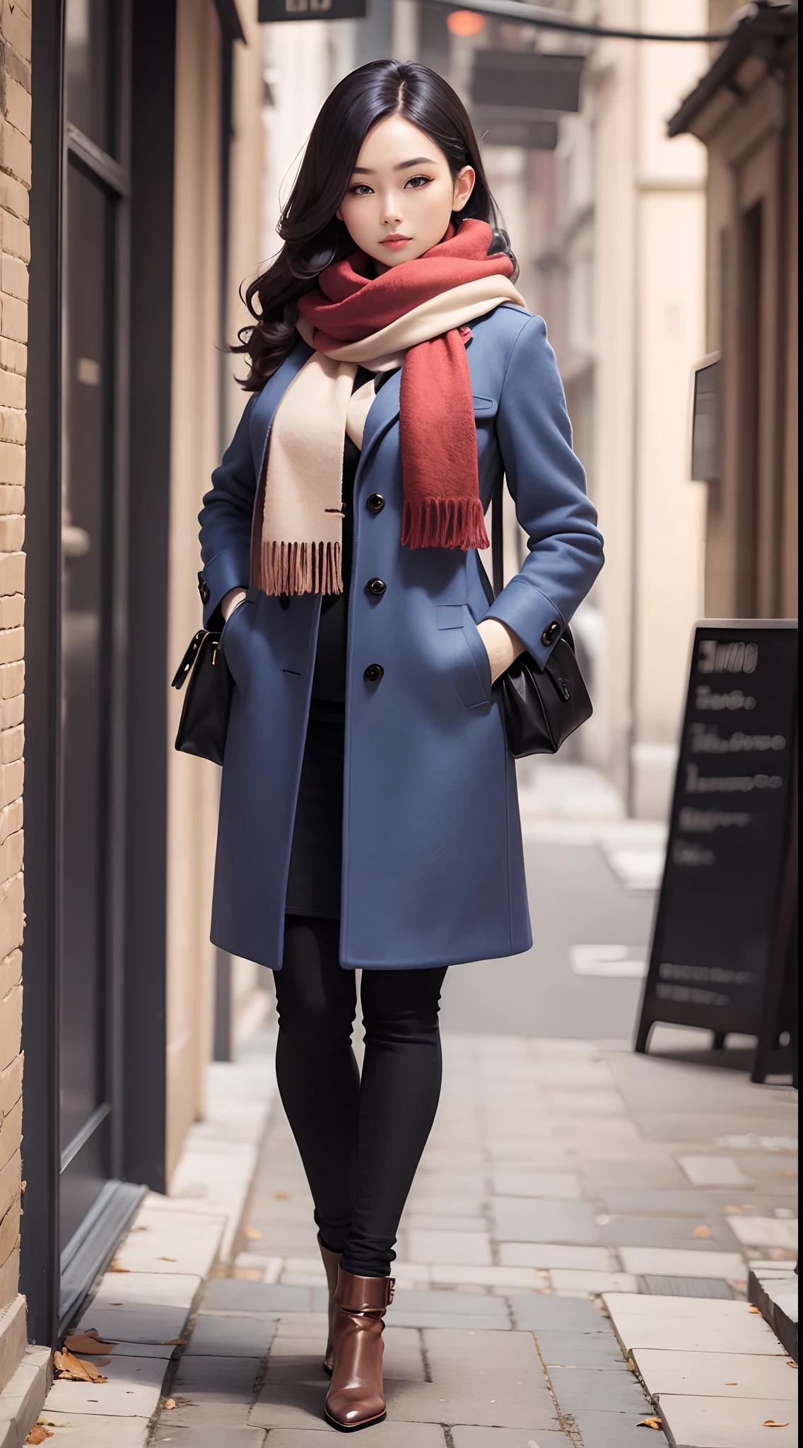 The world of wool felt，wool knitted fabric，Beautiful model posed in wool felt scarf，coat large，Slim and tall