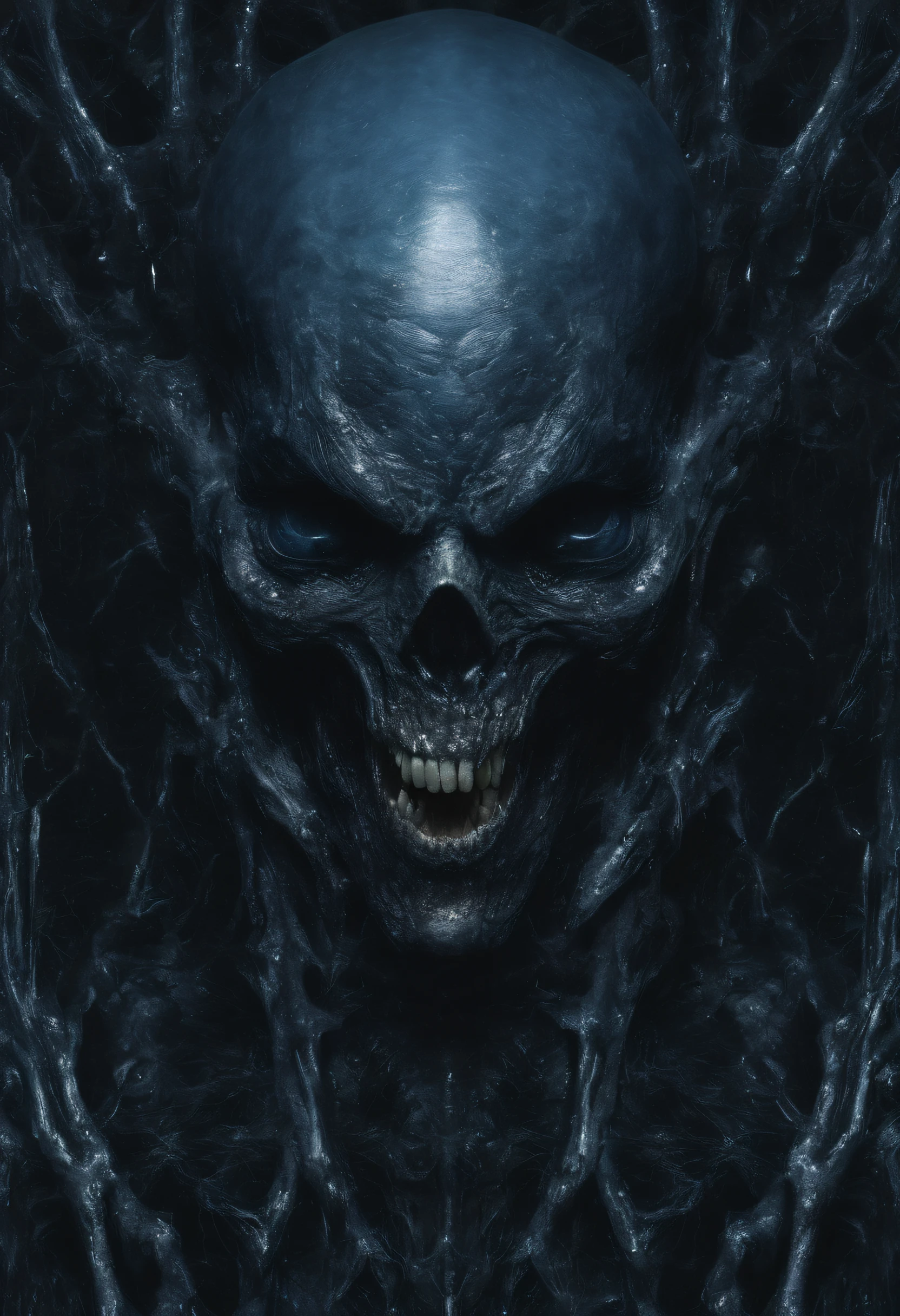 Photographic still of an alien, blue glowing eyes, translucent skin, teeth dripping,, veins showing beneath it's skin, dark, onimous