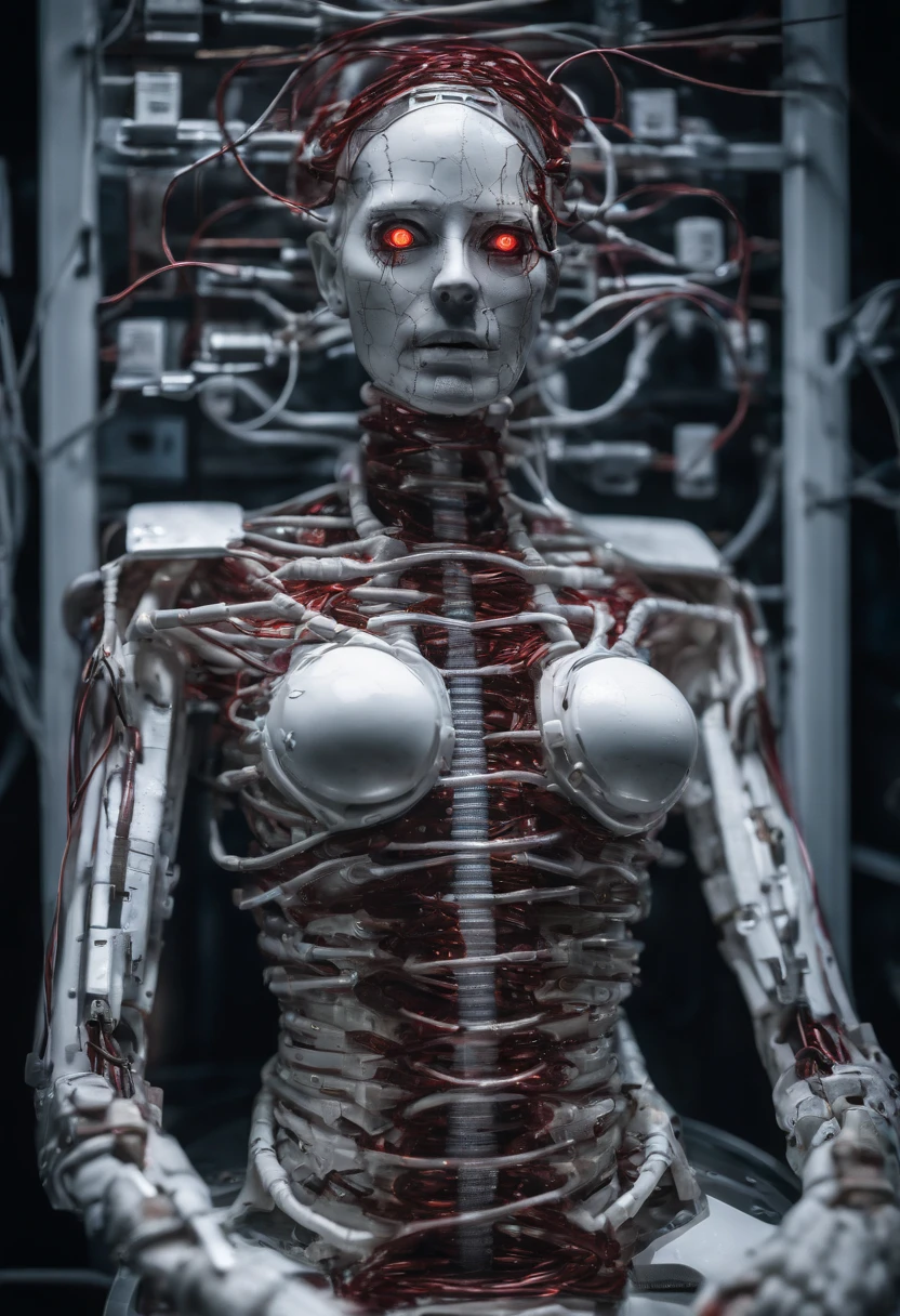 Hyper realistic photo, White female robot Goddess Gaia (((attached to a electronic tree of life))), (((Red neon highlights))), Electronic Systems On-Head Humanoids, Detailed connection wire, mechanical limbs, tubes connected to the mechanical parts, mechanical vertebrae attached to the spine, mechanical cervical attachment to the neck, wires and cables connecting to the head, (((Led on a surgical Bed))), (((Cables Connecting to Monitors))) | Biopunk