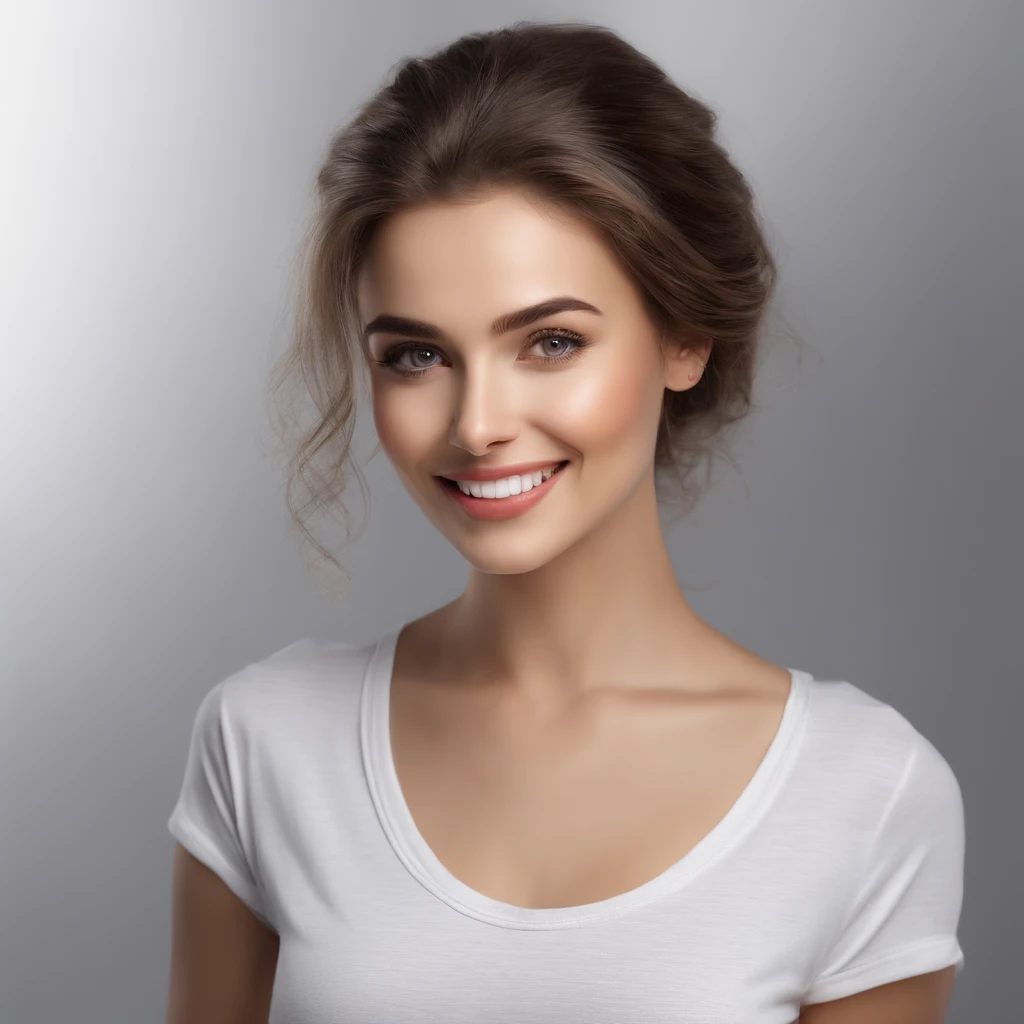 (photo: 1.3) af (realistic: 1.3), a beautiful woman, active, soft light, clear face, (front), ((white T-shirt)), cheerful, warm light, ((gray-white gradient background)), (background)), avatar, (fashion hairstyle), beautiful, young, ((avatar))