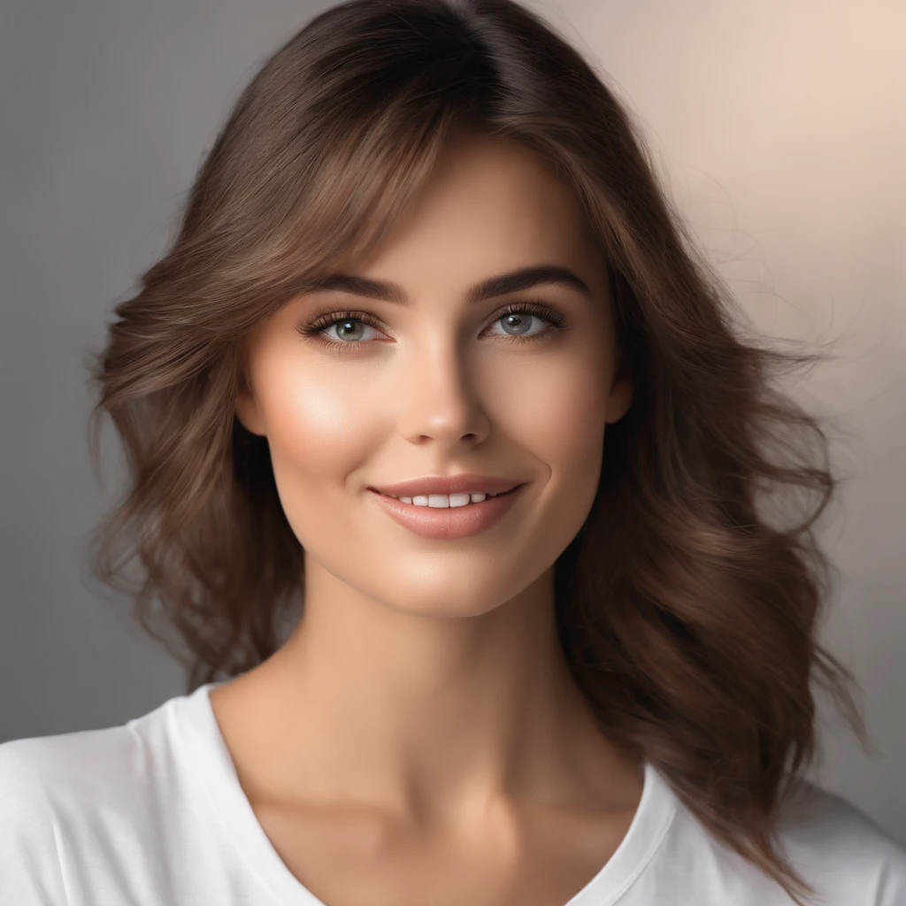 (photo: 1.3) af (realistic: 1.3), a beautiful woman, active, soft light, clear face, (front), ((white T-shirt)), cheerful, warm light, ((gray-white gradient background)), (background)), avatar, (fashion hairstyle), beautiful, young, ((avatar))