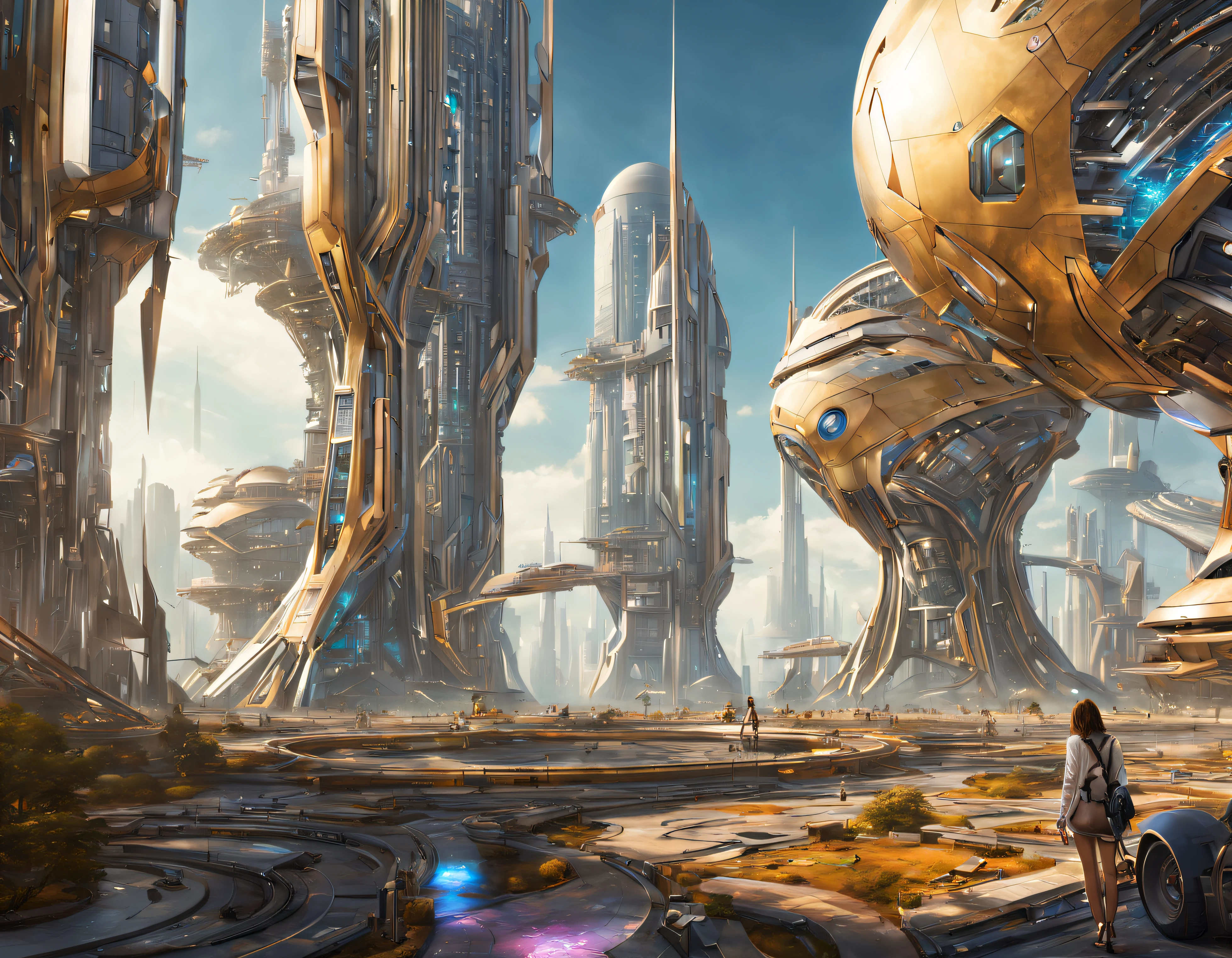 On an unknown planet there is a futuristic city with immense buildings of technological design, con estructuras acristaladas en plata, oro y bronce y maquinarias espectaculares en la que sobrevive un robot femenino espectacular. con colores vivos. pavimento ensolado.