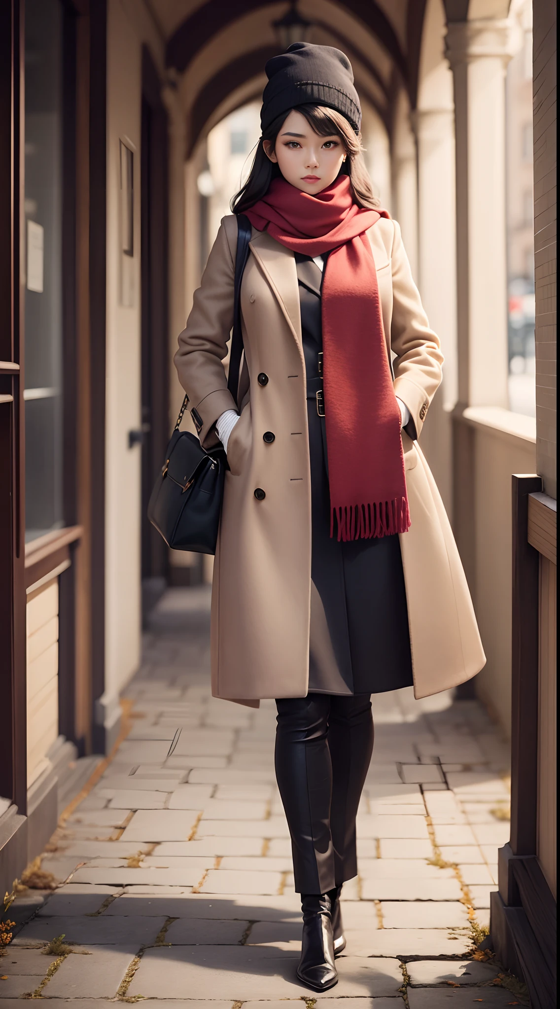 The world of wool felt,wool knitted fabric,Beautiful model posed in wool felt scarf,coat large,Slim and tall