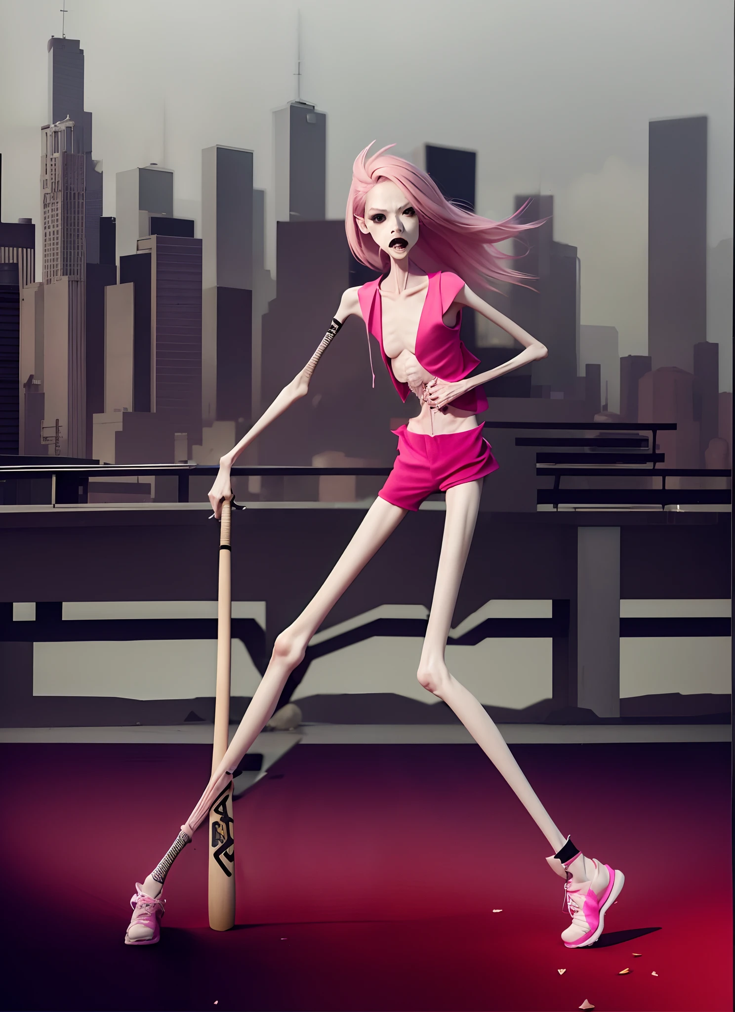There was a woman with pink hair holding a baseball bat, Long thin legs, anorexic figure, 鎖骨,sternum,the ribs,pelvic bone,Sunken belly,hunger,angry look