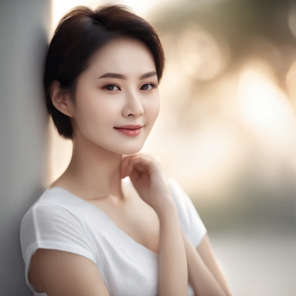 (Photo: 1.3) af (realistic: 1.3), East Asian woman, soft light, clear face, (front), ((white T-shirt)), cheerful, warm light, ((gray-white gradient background)), (background)) ,avatar,(short hair),beautiful,young,,short hair,((avatar))