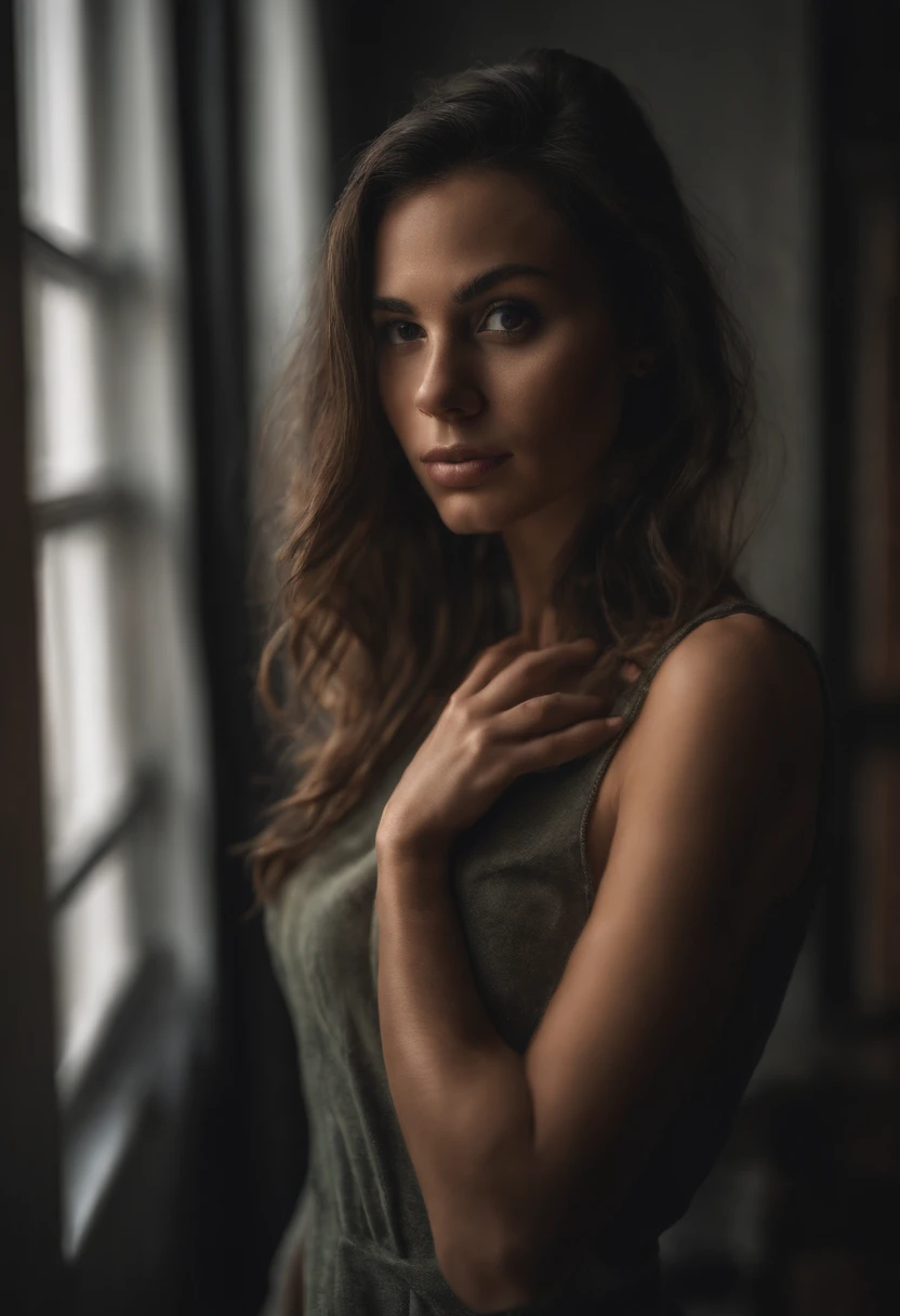 Very ???? young brunette girl. Small ???????. Tight athletic body. Very ???? and ultra realistic. ?????, ??????????. Full body visible selfie. Why but determined look on her face. Bathroom selfie.