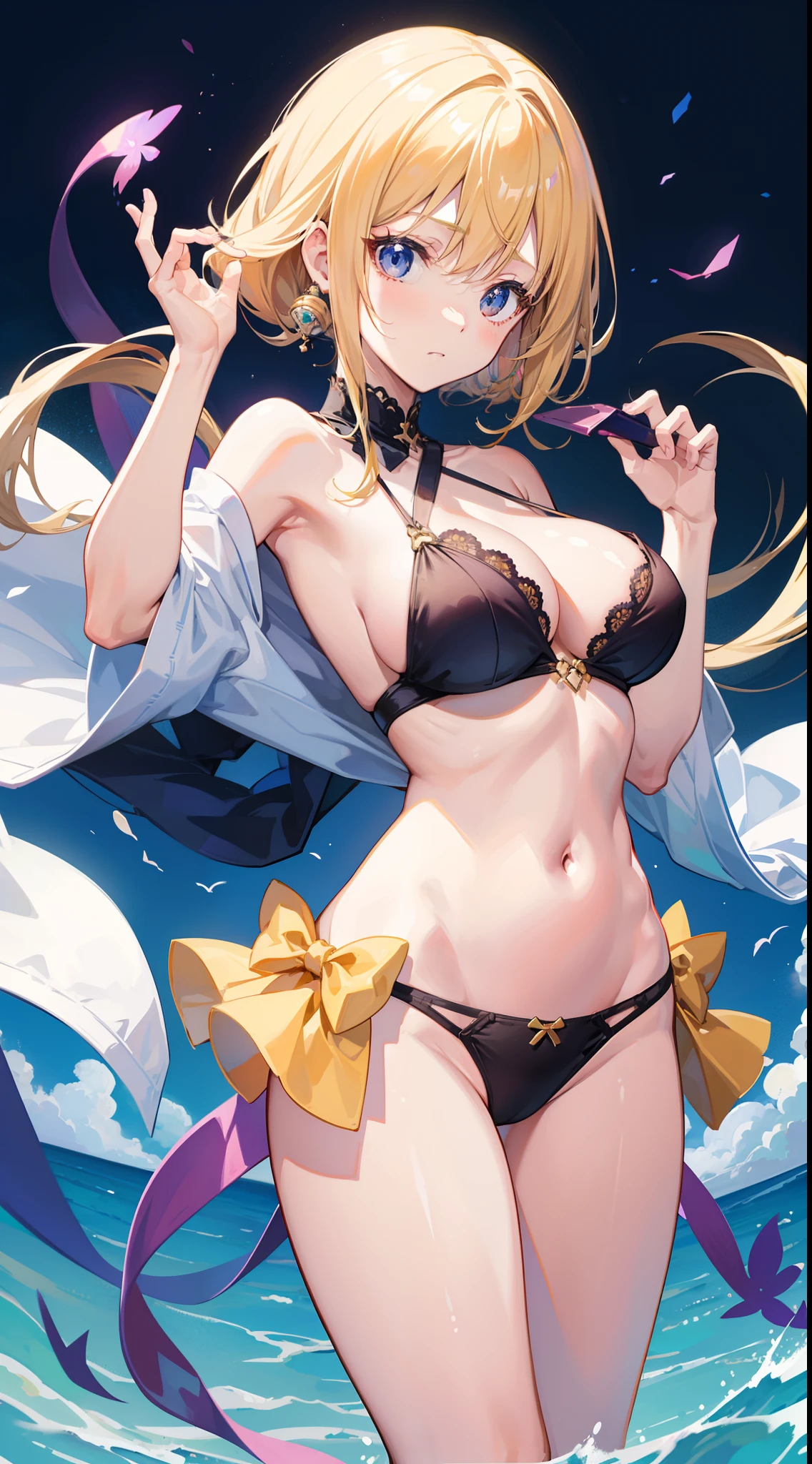 masutepiece、hight resolution、1girl in、in one's underwear only、Golden lingerie、large full 、bending forward、Poses that emphasize breastsnime illustration、