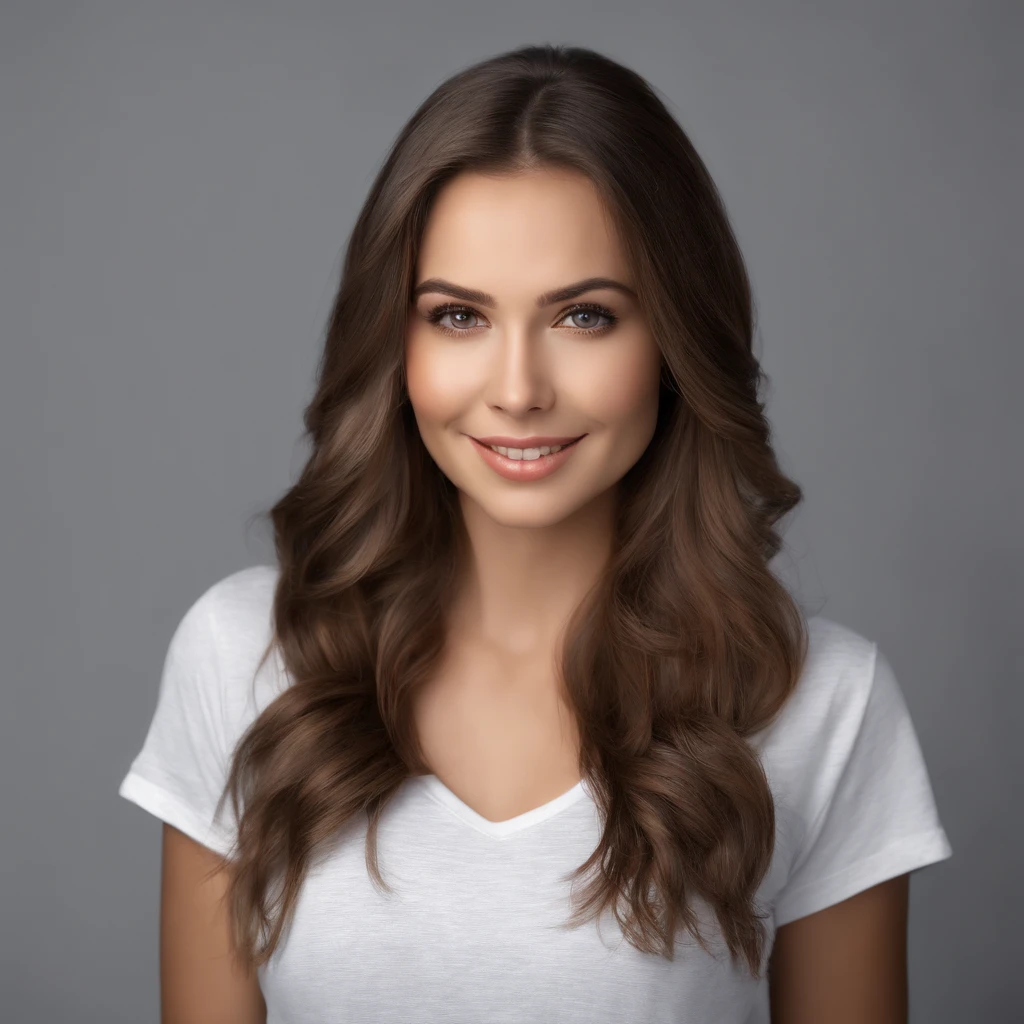 (photo: 1.3) af (realistic: 1.3), a beautiful woman, active, soft light, clear face, (front), ((white T-shirt)), cheerful, warm light, ((gray-white gradient background)), (background)), avatar, (long hair), beautiful, young, ((avatar))