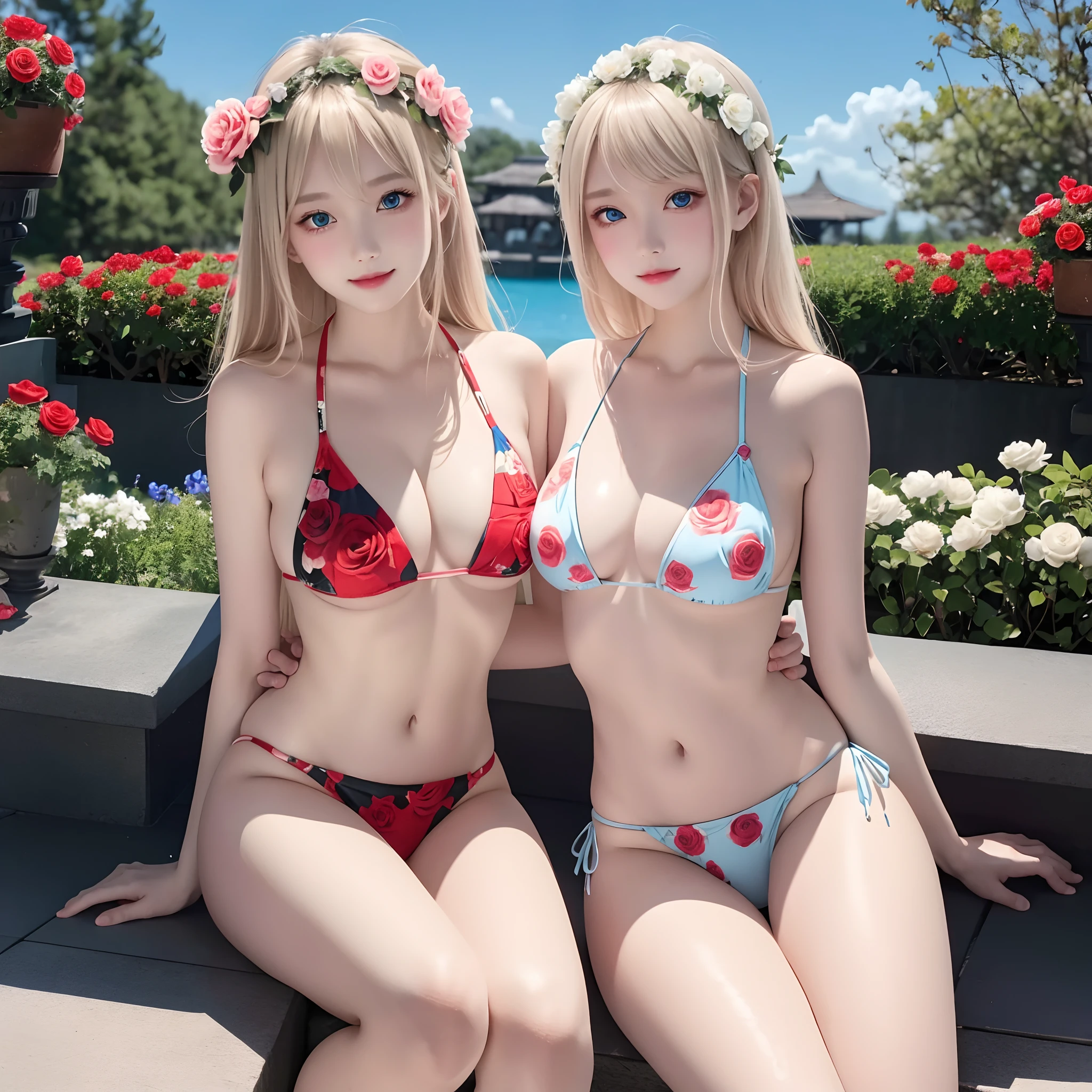 1girll、a blond、Blue eyes、Floral Bikini、gravure、A sexy、rose garden、