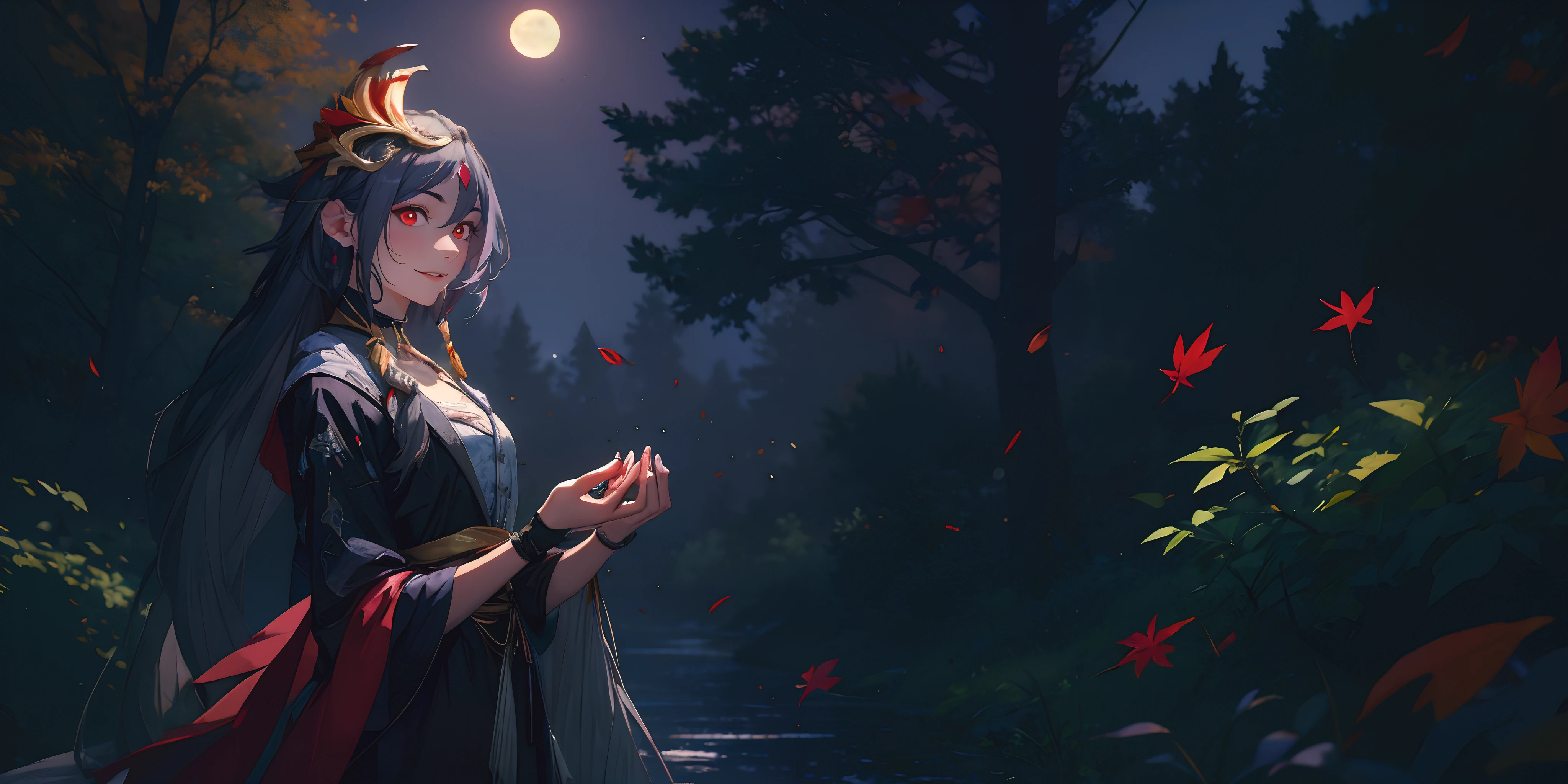 (long hair, hair ornament, grey hair:1.7), multicolored hair, red eyes, glowing eyes, maple_leaf,  leaf, autumn_leaves, 1girl, moon, full_moon, gloves, night, breasts, solo, falling_leaves, looking_at_viewer,  black_gloves, holding_leaf, outdoors, makeup, autumn, sky, long_sleeves, night_sky, holding, large_breasts, tree, standing, jewelry, ribbon, dress, lipstick, glow effects, godrays, Hand drawn, render, 8k, octane render, cinema 4d, blender, dark, atmospheric 4k ultra detailed, cinematic, Sharp focus, big depth of field, Masterpiece, colors, 3d octane render, 4k, concept art, trending on artstation, hyperrealistic, Vivid colors, extremely detailed CG unity 8k wallpaper, trending on CGSociety, Intricate, High Detail, dramatic,